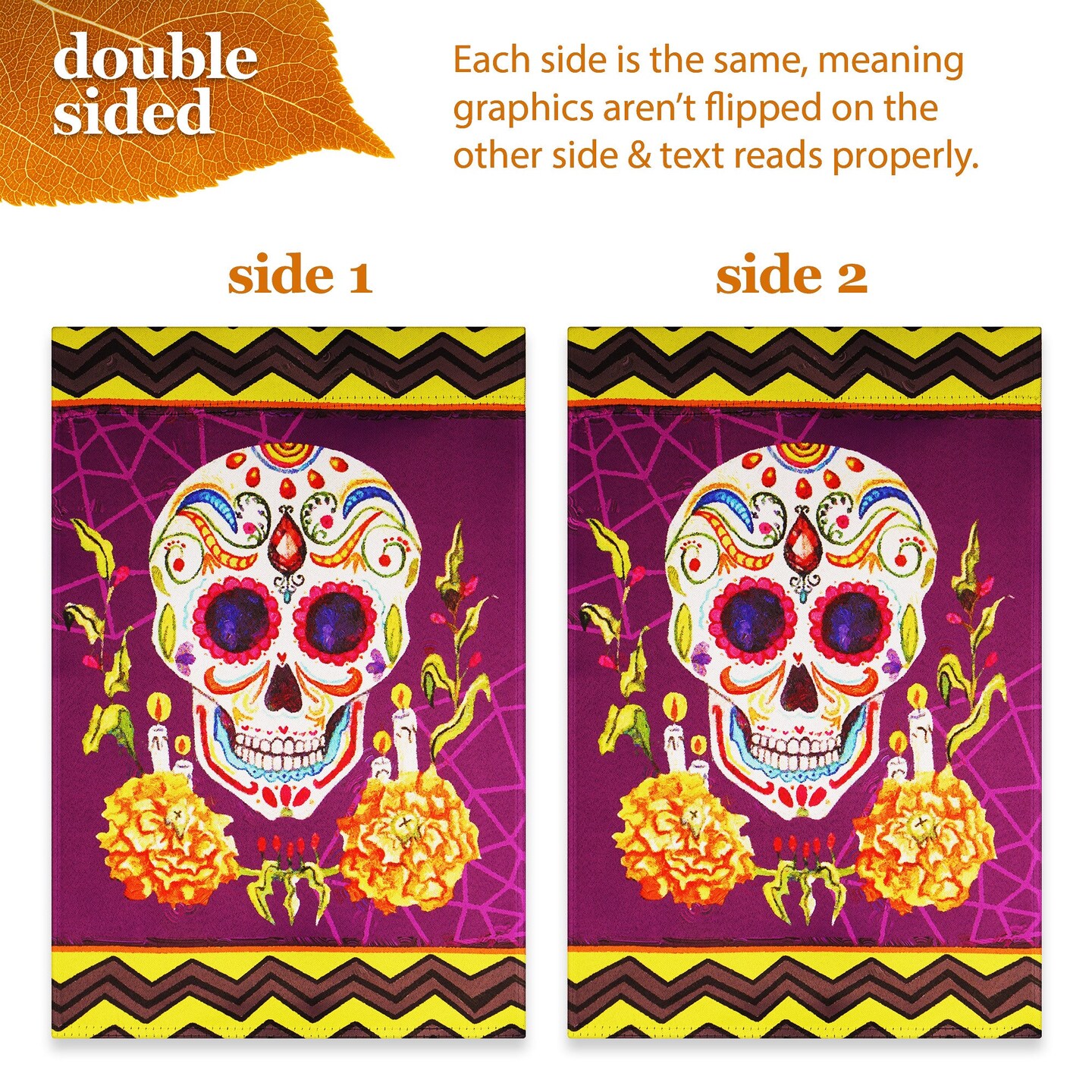 G128 Combo Pack: Garden Flag Stand Black 36 in x 16 in & Garden Flag Day of the Dead Decoration Sugar Skull 12"x18" Double-Sided Blockout Fabric