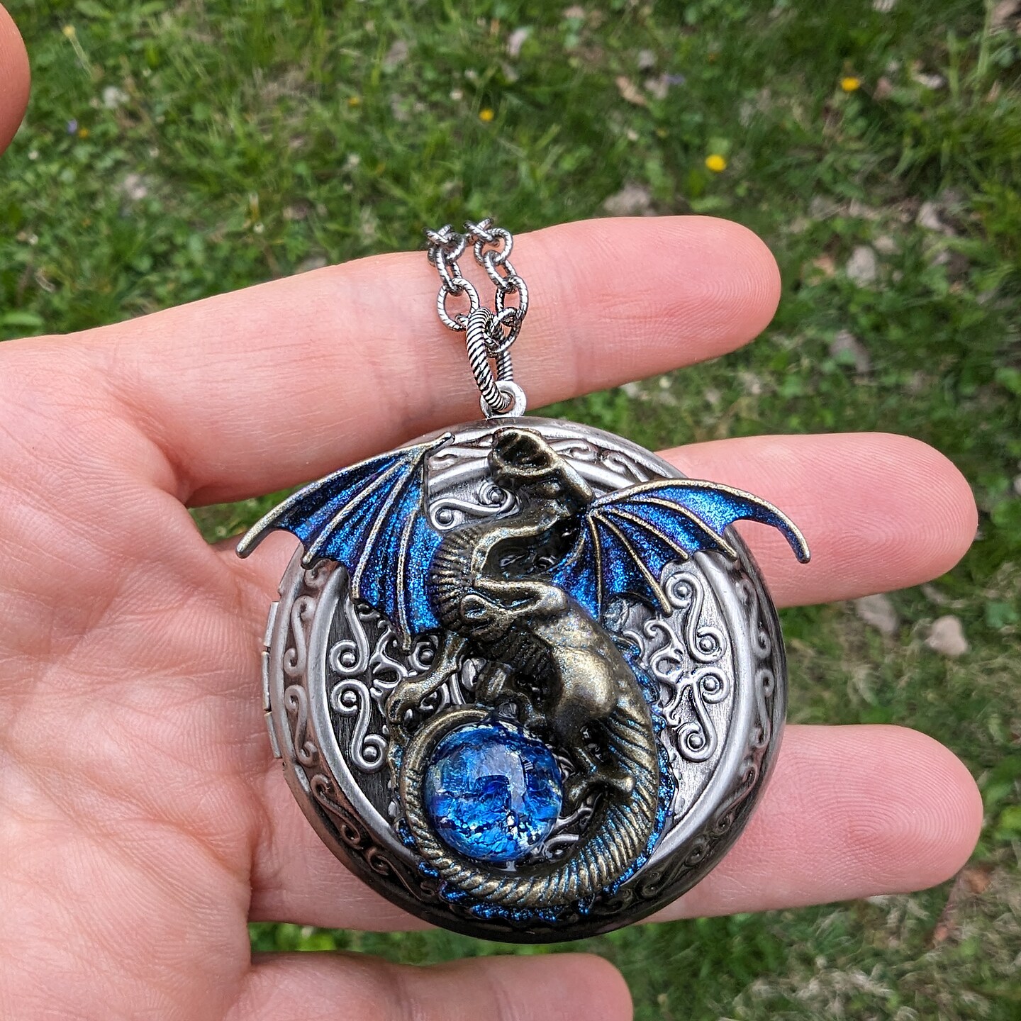 Large Bronze Dragon Locket Necklace with black opal replica