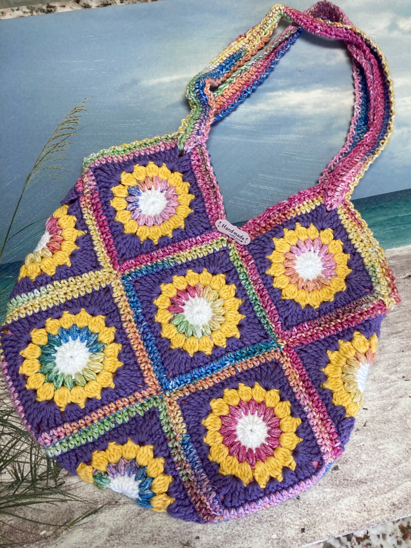 Crochet Granny Square Sunflower Hand or Shoulder Bag With