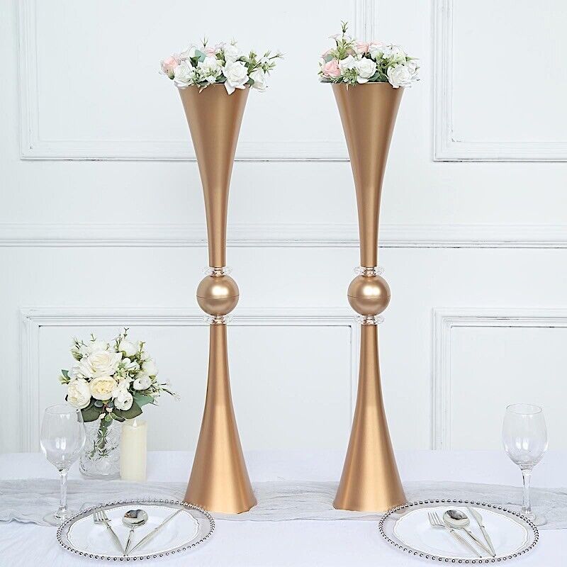 2 Metallic 31" Gold Plastic Reversible Trumpet Flower VASES Crystals