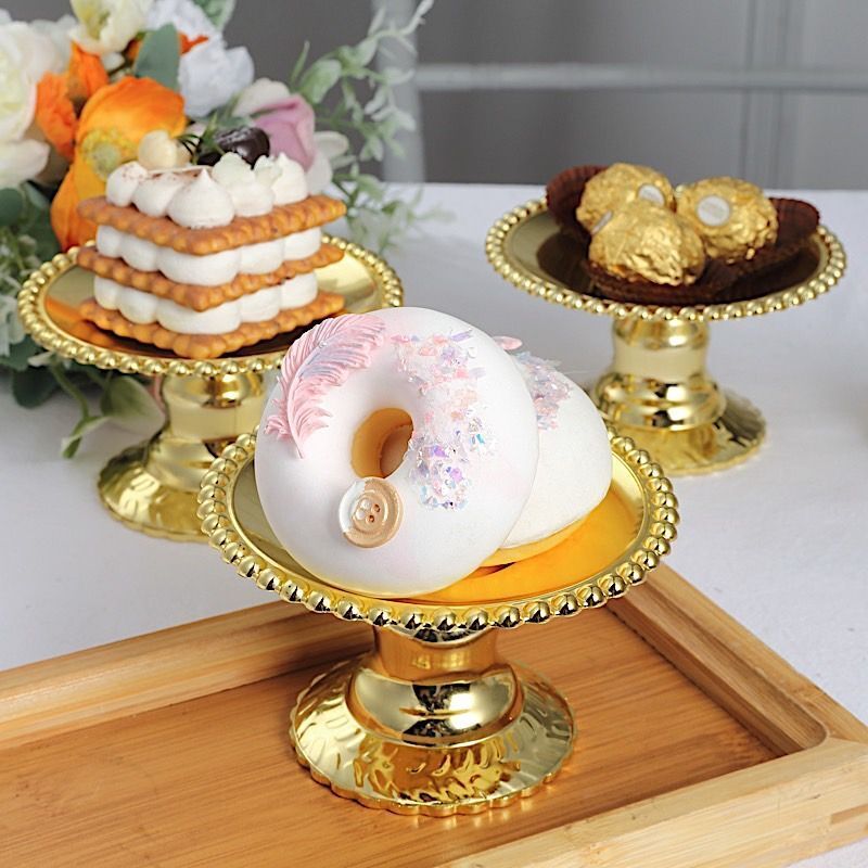 12 Gold 5&#x22; Plastic Round Mini Dessert Stands Cupcake Pedestals Beaded Rim