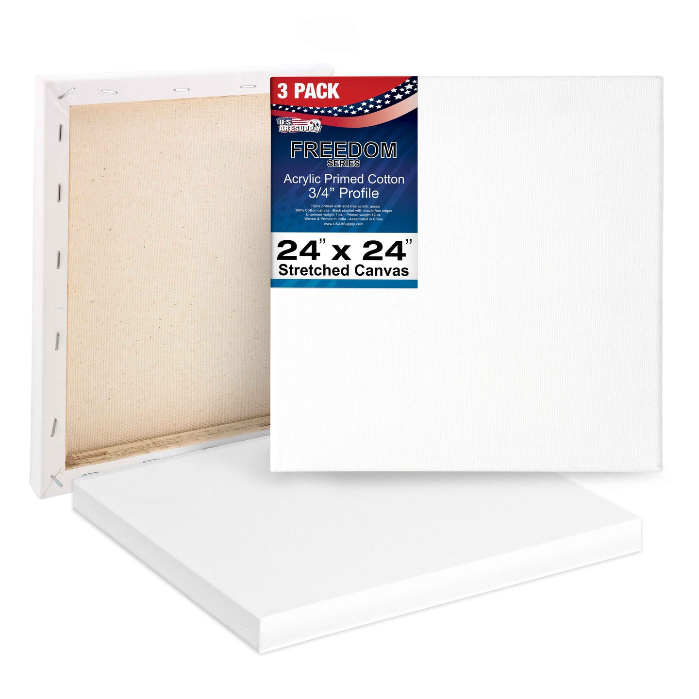 24 x 24 inch Stretched Canvas 12-Ounce Triple Primed, 3-Pack - Professional Artist Quality White Blank 3/4&#x22; Profile, 100% Cotton, Heavy-Weight Gesso