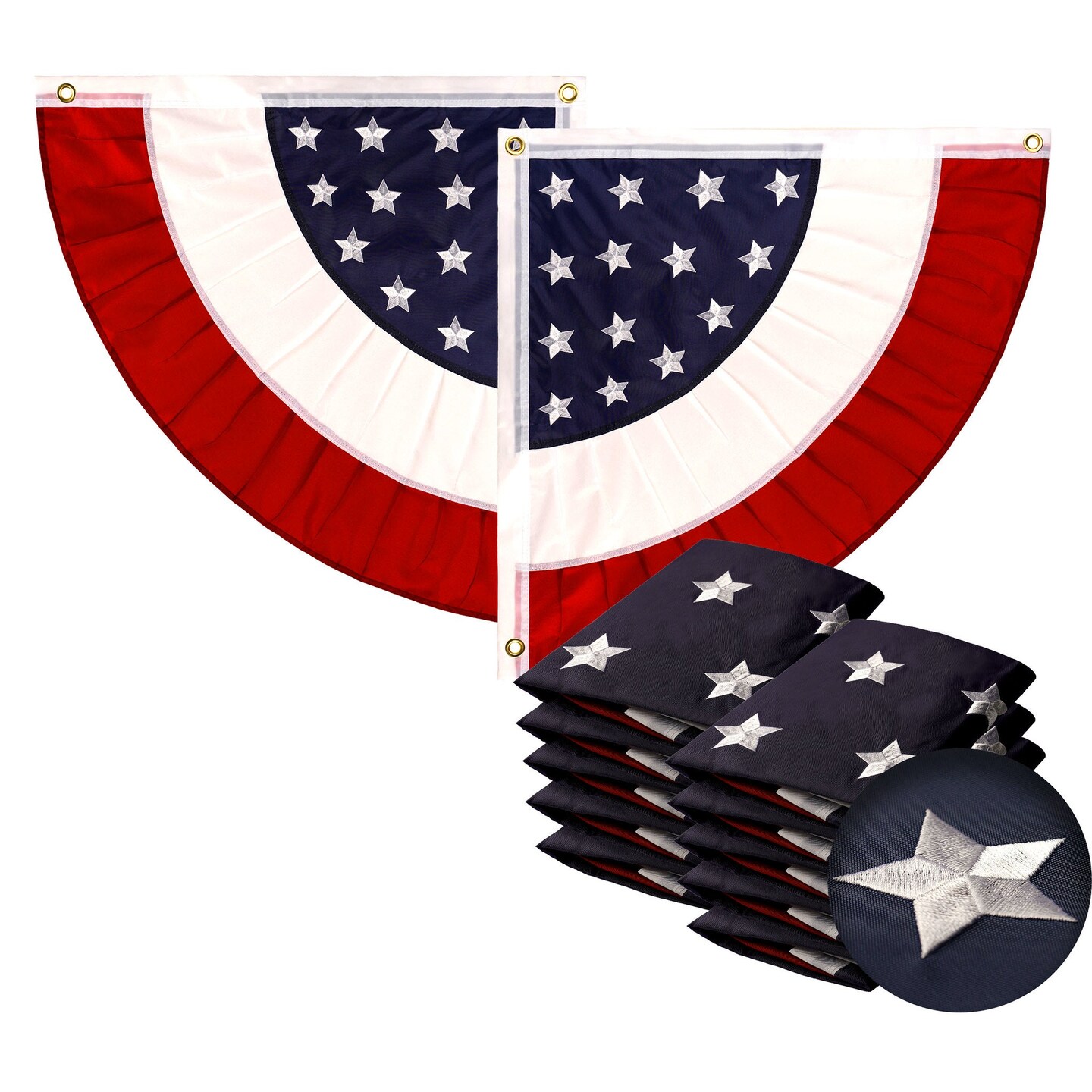 G128 10 Pack: USA Pleated Fan Flag 3x3 Feet Star Center Quarter Circle Embroidered Polyester Stars and Stripes