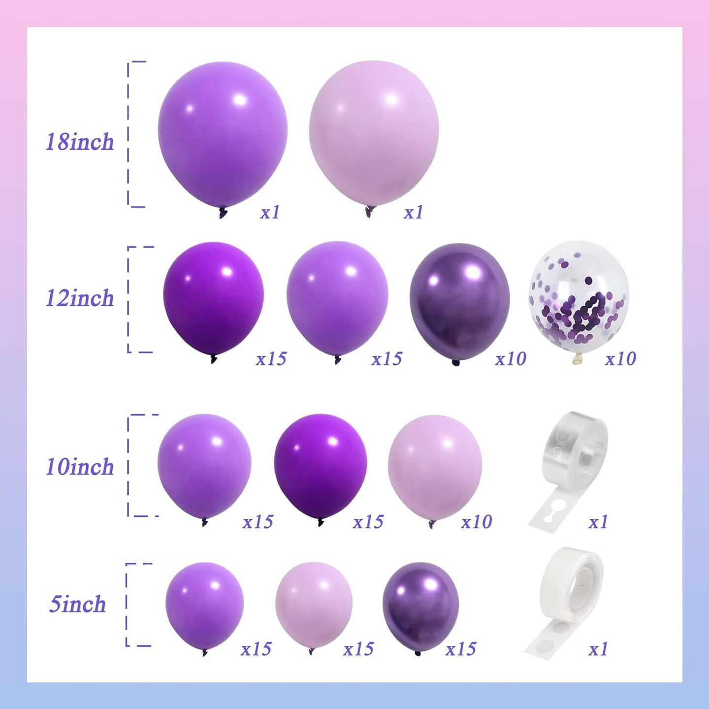 Purple Shades Balloons Garland Arch Kit Assorted Dark Pastel Light Metallic Confetti Purple Balloons Set for Purple Wedding Birthday Graduation Party Decorations