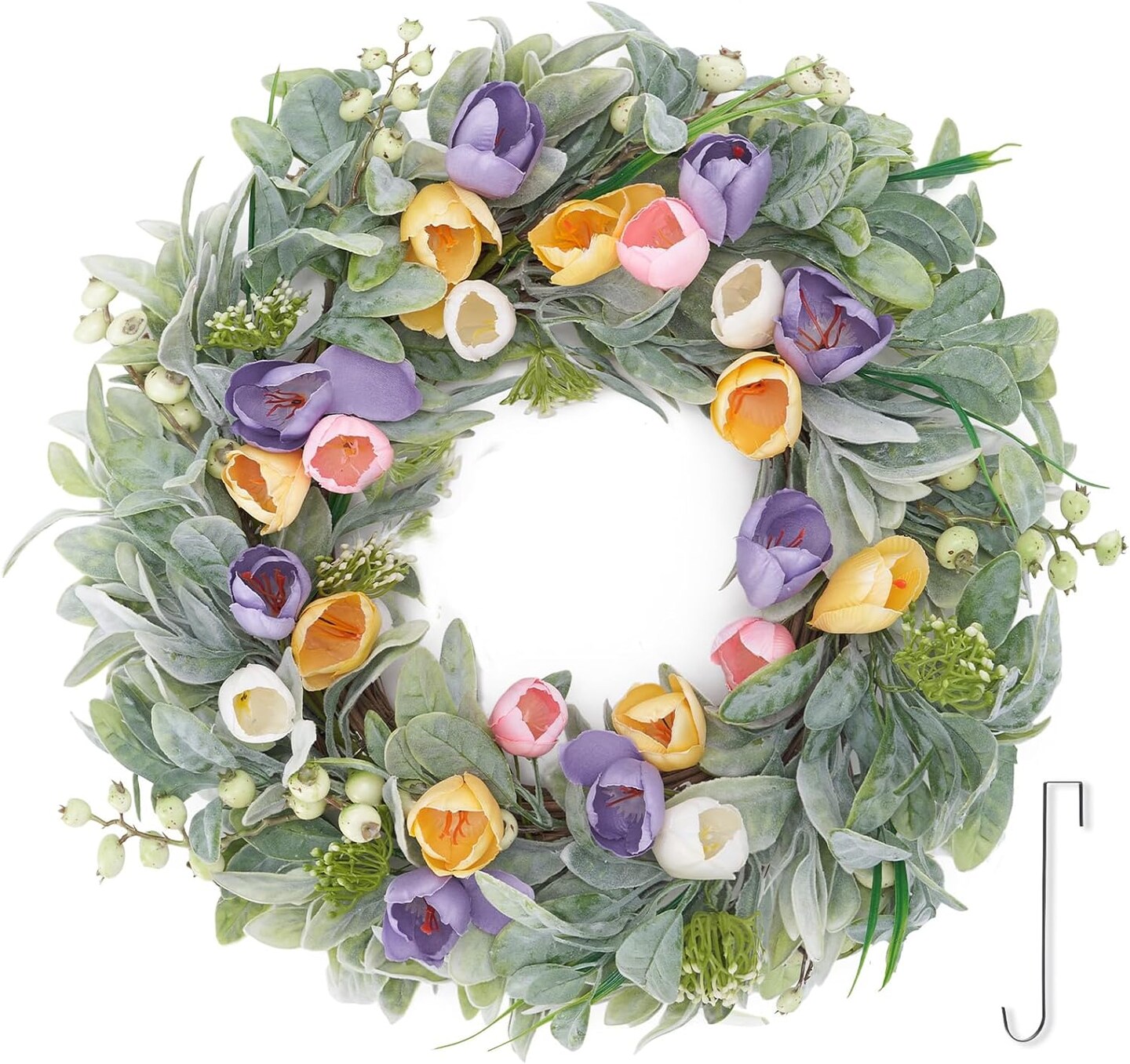 Inviting All Seasons: 22&#x22; Flocked Lambs Ear Tulip Door Wreath