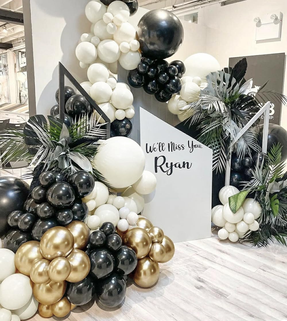 Black White Gold Balloon Garland Double Stuffed Pearl White Sand Balloons Champagne Metallic Gold Cream Neutral Balloon Arch Kit For Birthday New Year Graduation Wedding Bachelorette Party Decoration