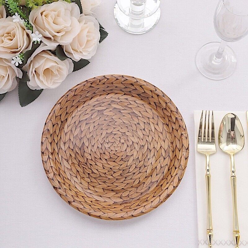 25 Natural 9 in Woven Rattan Print Disposable Dinner Paper PLATES