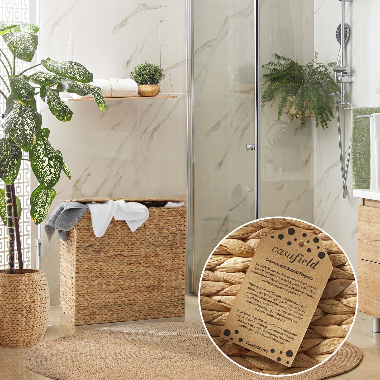 Casafield 2-Section Laundry Hamper with Removable Liner Bags, Woven Water Hyacinth Double Laundry Basket Sorter for Clothes and Towels