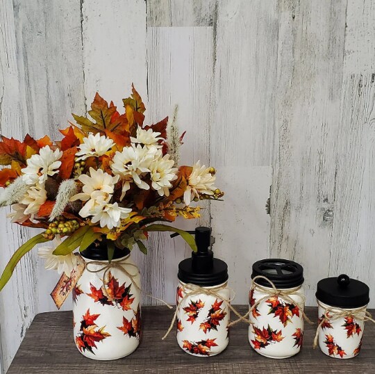 Fall Mason jar bathroom set,Fall Decor,Soap dispenser,toothbrush holder,Autumn  Decor for bathroom,Fall bathroom decor,decoupaged mason jars | MakerPlace  by Michaels, image size:1080x1076