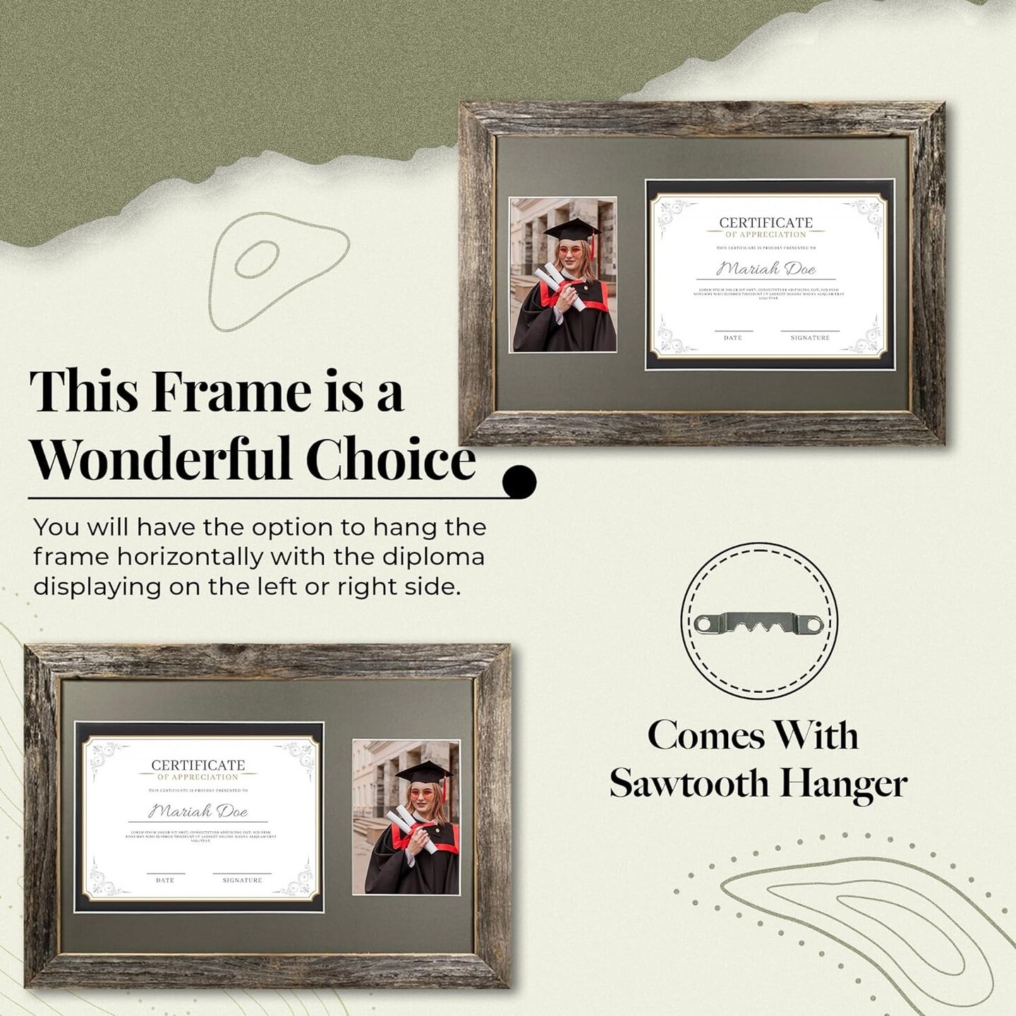 Rustic Farmhouse 12 x 18 Graduation Diploma Frame with Mat, fitted for 5 x 7 Cap &#x26; Grown Photo and 8.5 x 11 Diploma Certificate Display