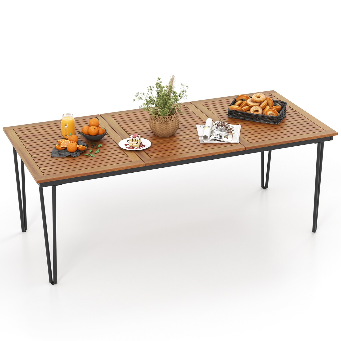 Large Outdoor Dining Table Acacia Wood Metal Slatted Top Natural Black 79 Inch