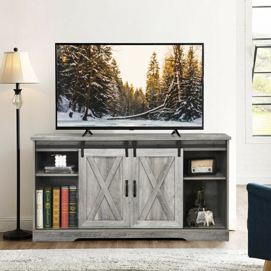 59&#x22; Tv Stand With Adjustable Shelf And Sliding Barn Door Cabinet-gray