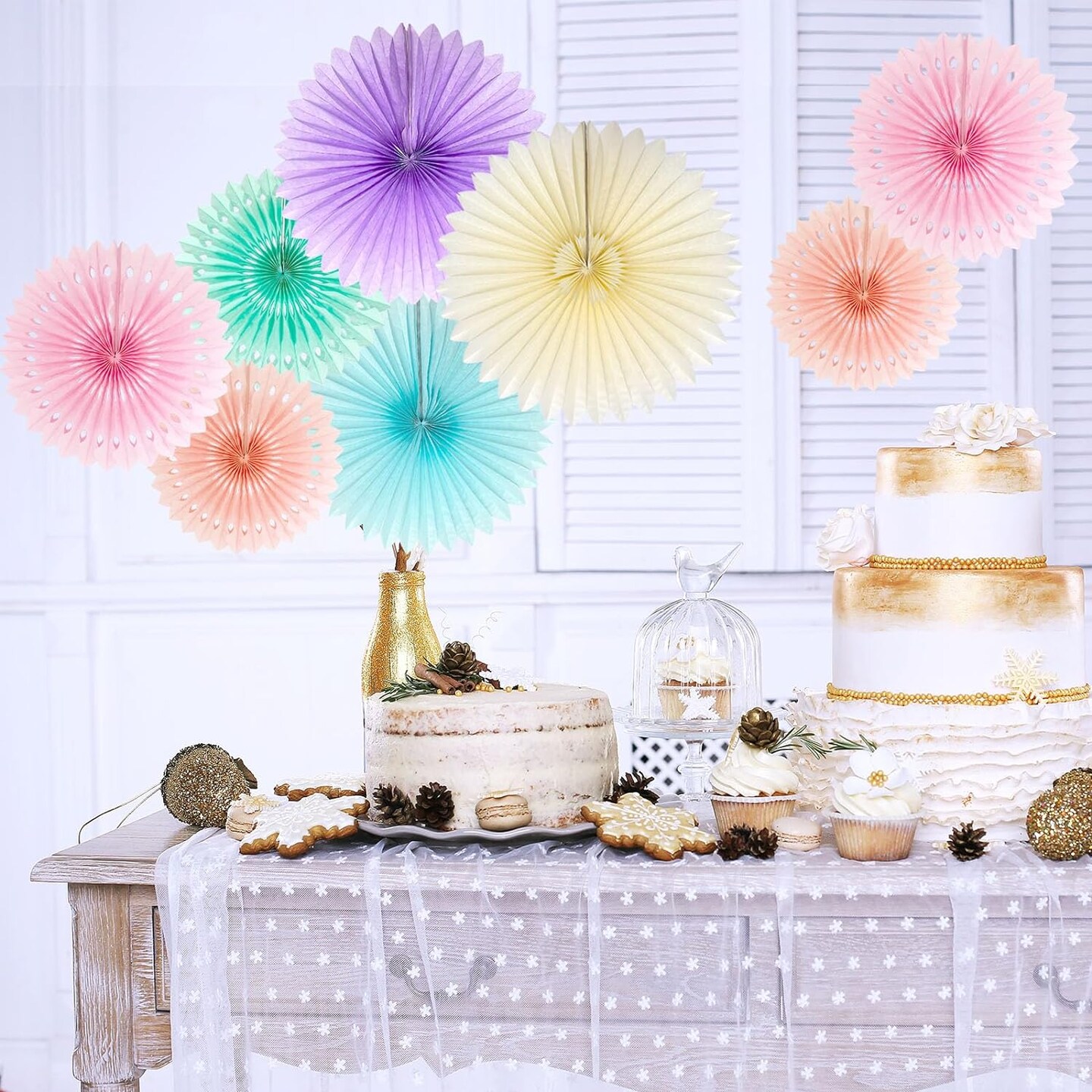 Pastel Rainbow Paper Fans Party Decorations Colorful Ice Cream Easter Macaron Wall Hanging Light Pink Blue Purple Mint Peach Ivory D&#xE9;cor Birthday Wedding Bridal Baby Shower Classroom Supplies