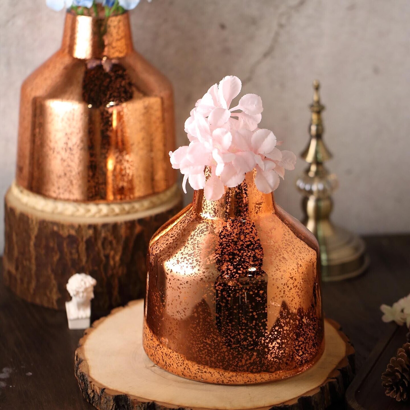 2 pcs 8-Inch tall Rose Gold Mercury Glass Tapered Neck Vases Centerpieces