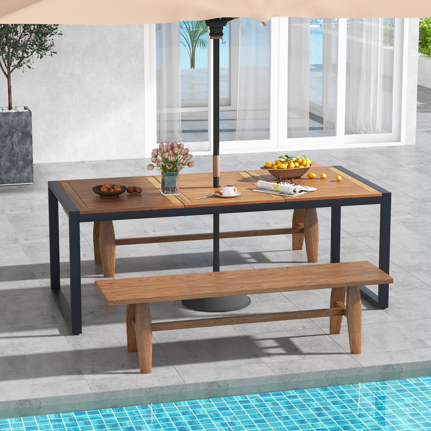 79 Inch Acacia Wood Patio Table With 1.9 Inch Umbrella Hole For Garden And Poolside