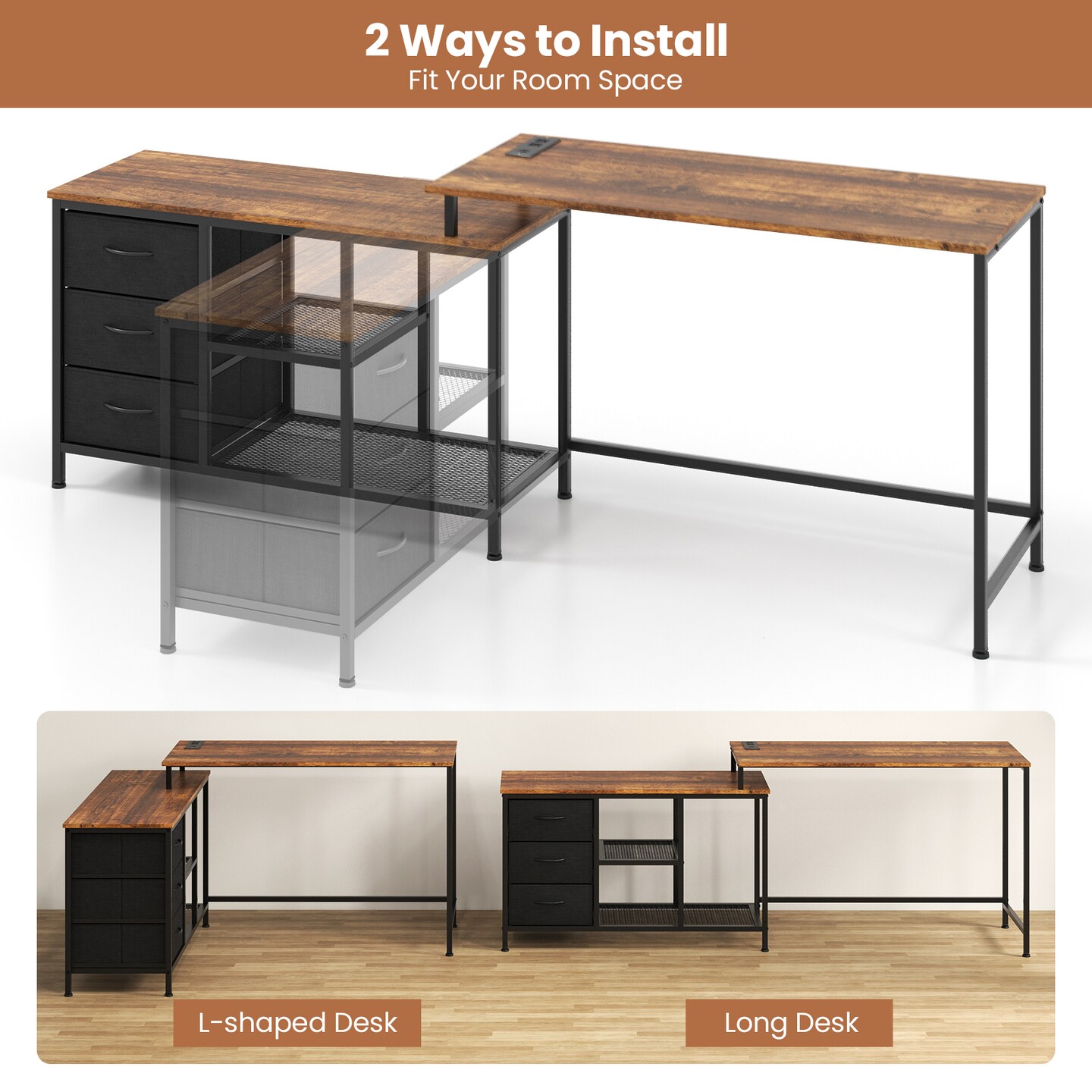 L-shaped Computer Desk With Power Outlet For Working Studying Gaming