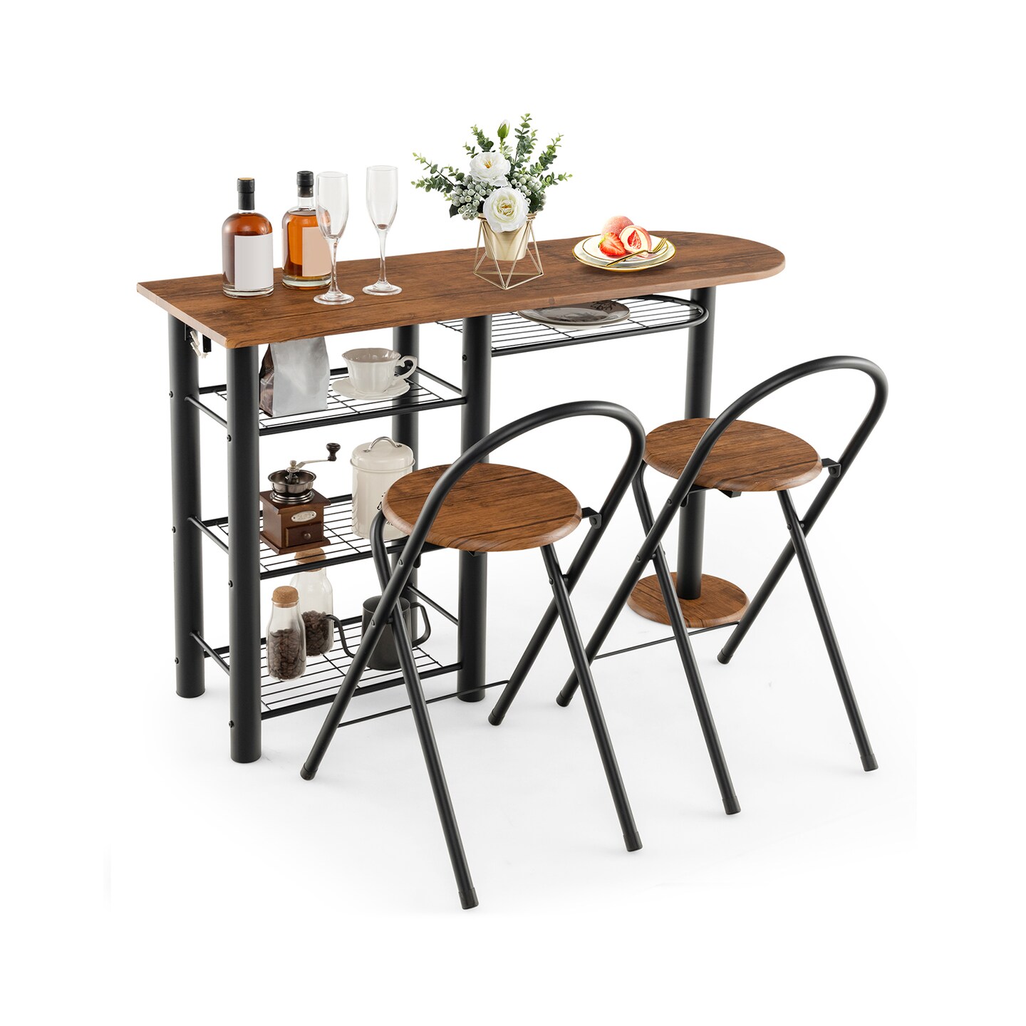 3 Pieces Retro Dining Table Set With 4-tier Storage Shelf