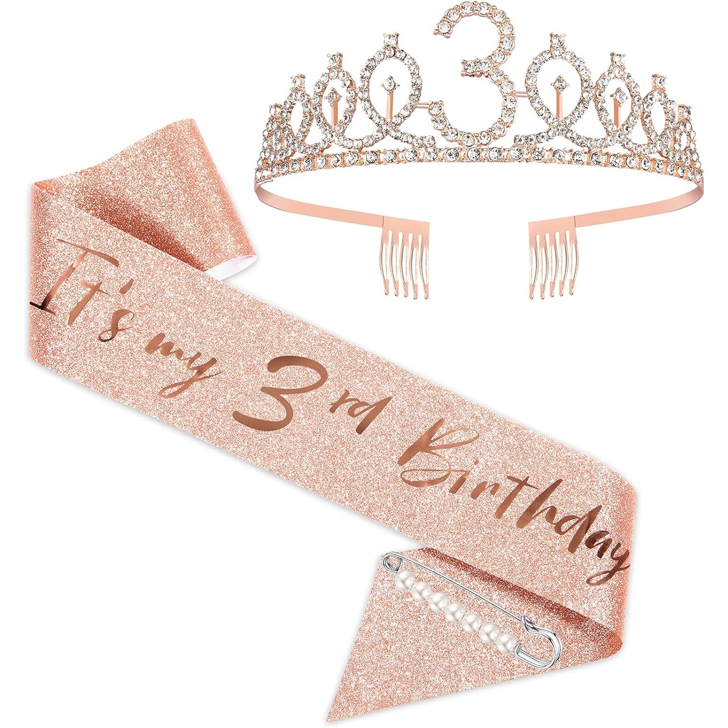 3rd Birthday Sash and Tiara for Girls, Rose Gold Birthday Sash Crown 3 &#x26; Fabulous Sash and Tiara for Girls, 3rd Birthday Gifts for Happy 3rd Birthday Party Favor Supplies
