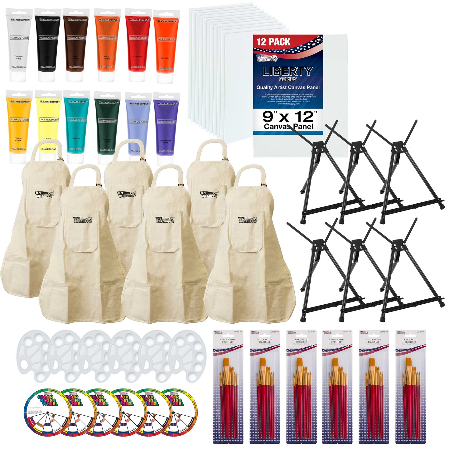 Paint and Wine Art Party Painting Kit - 6 Easels, 12 Paint Tube Set, 12 Canvas Panels, 6 Brush Sets &#x26; 6 Aprons