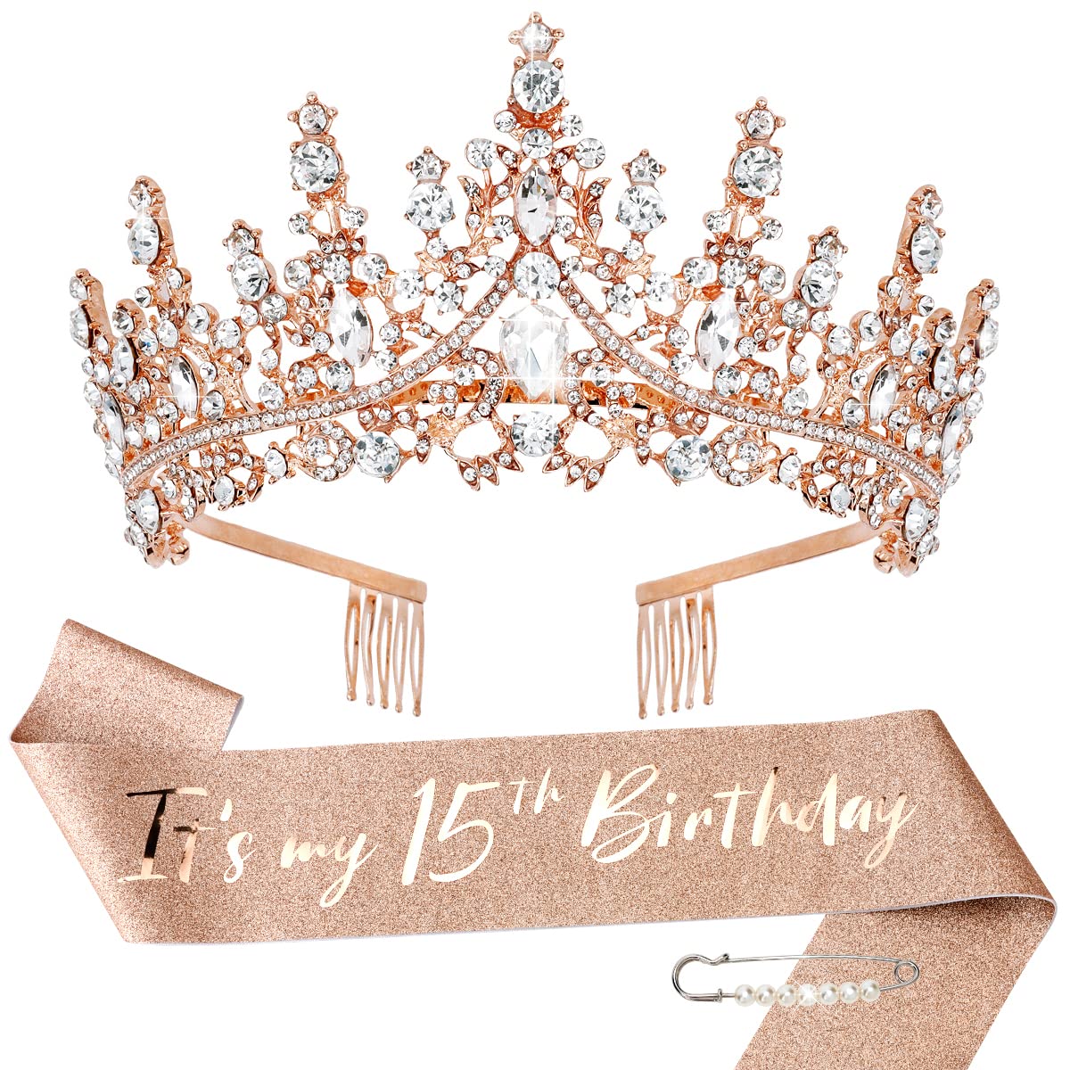 15 Birthday Decorations for Girls, Rose Gold Birthday Sash and Tiara for Girls, It's My 15th Birthday Decorations for Girls, Quinceanera Crown Fabulous Birthday Party Favor Supplies for Girls