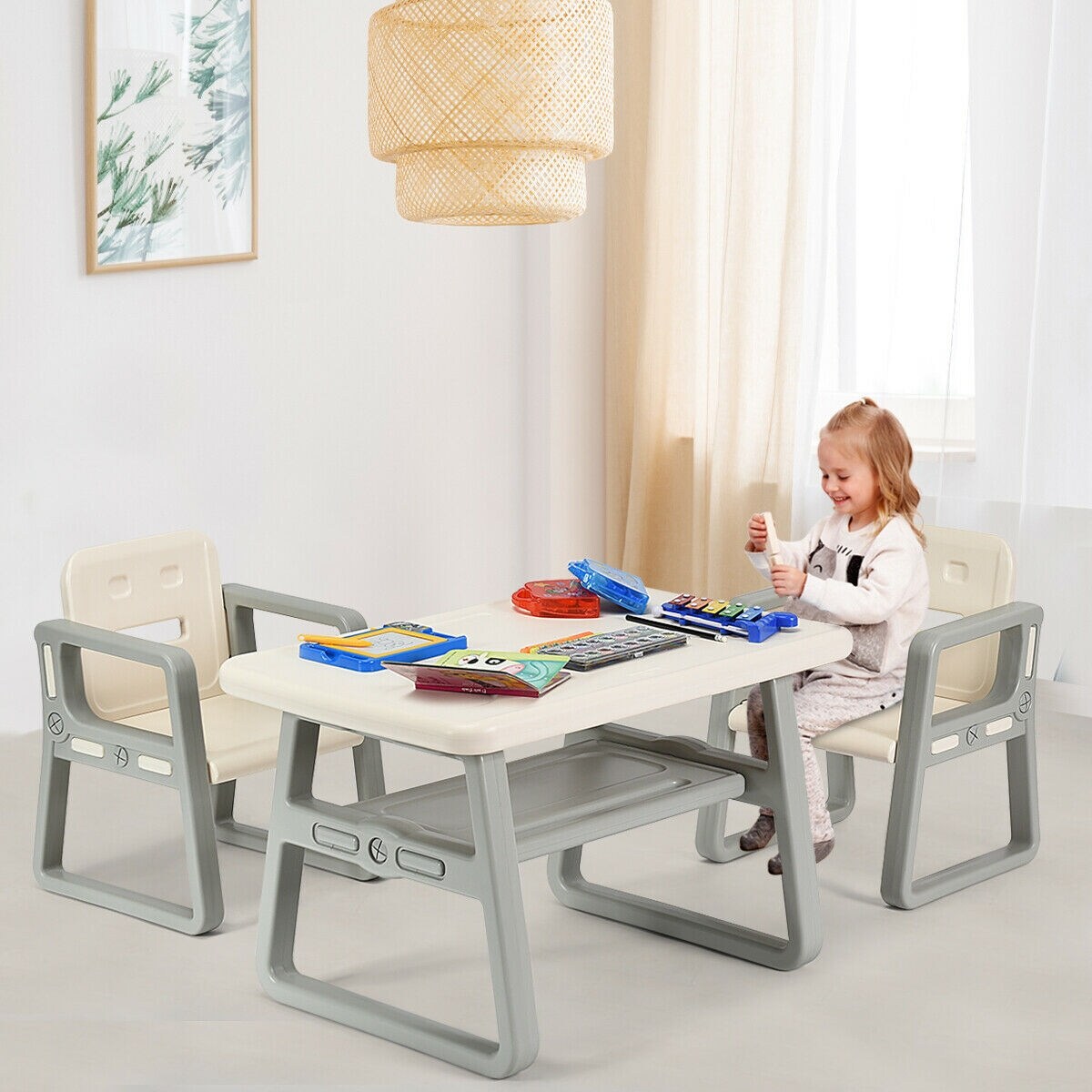 Kids Table And 2 Chairs Set With Storage Shelf