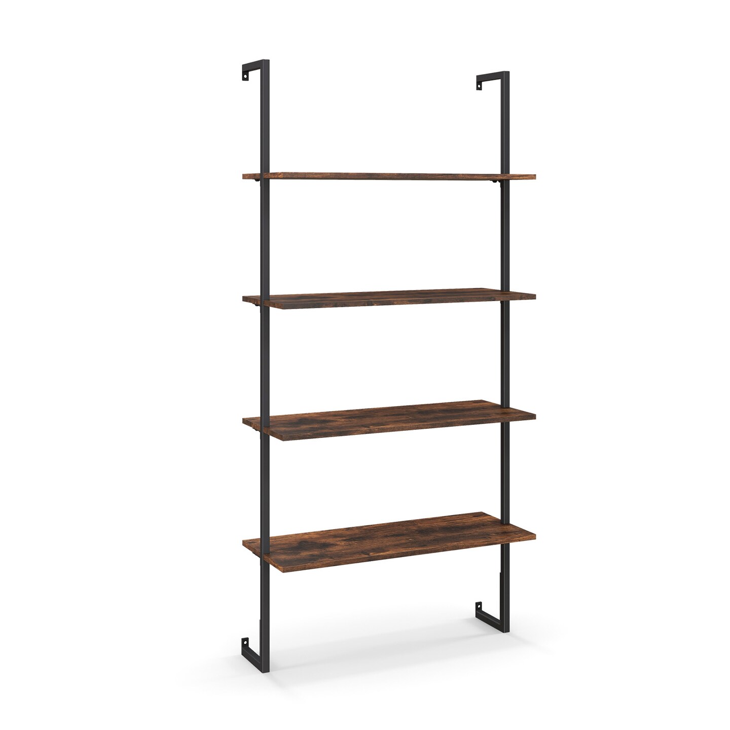 Brown Ladder Shelf 4-Tier Wall-Mounted MDF Metal Industrial Storage Rack