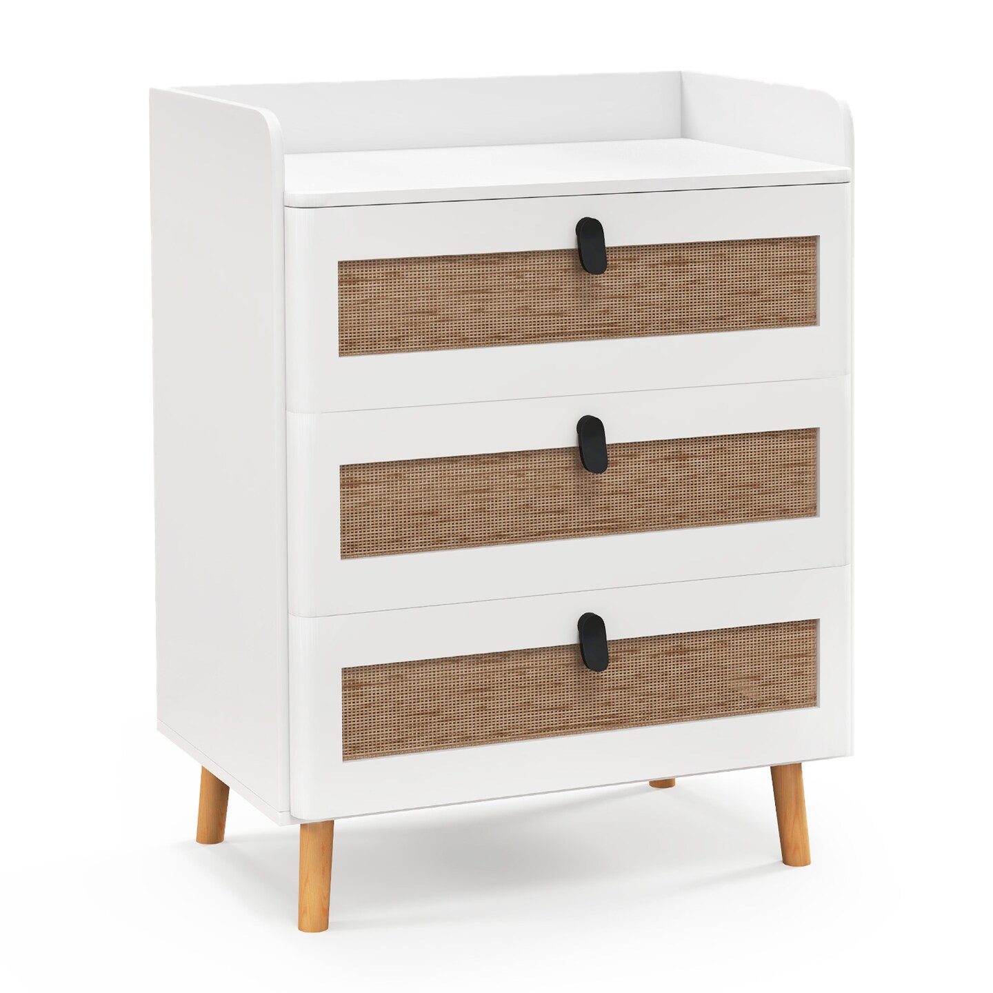 Modern End Table With 3 Rattan Decorated Drawers-White