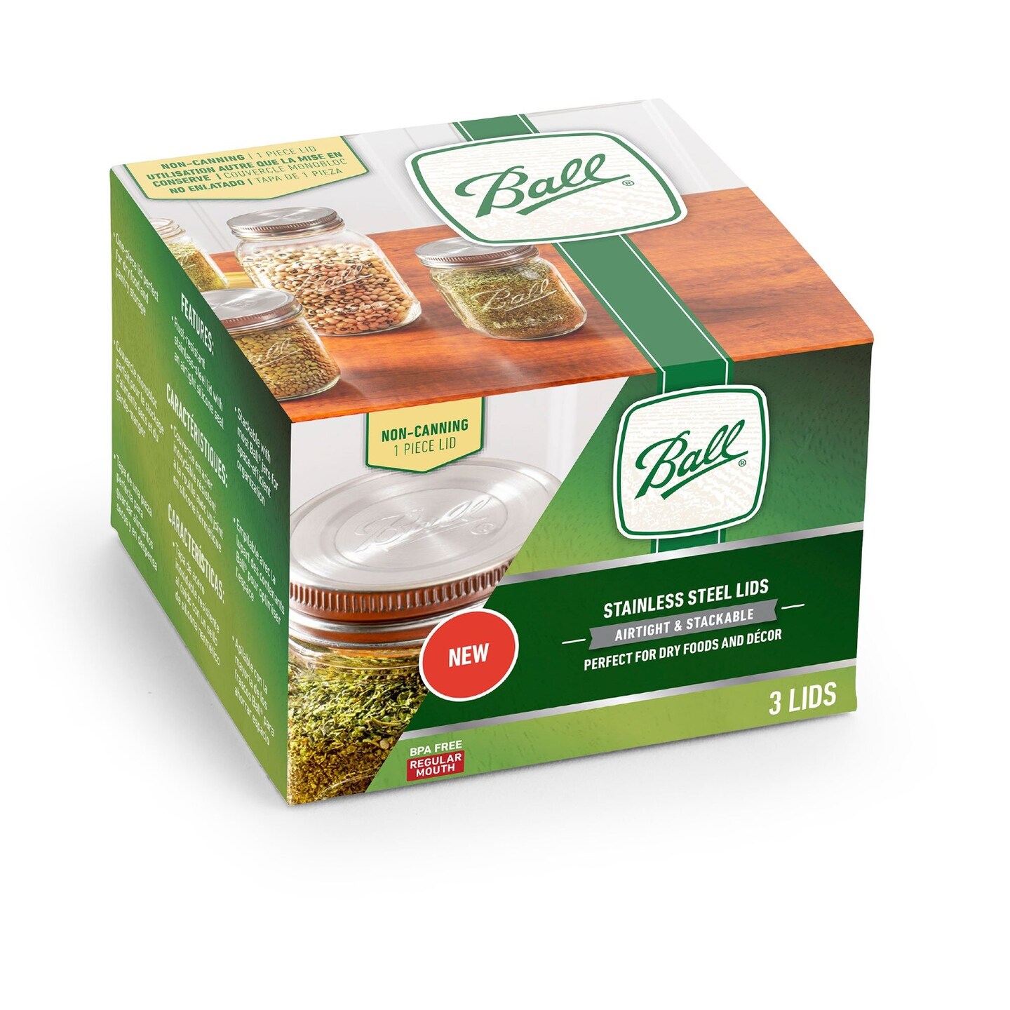 Ball Reusable Mason Jar Lids, Stainless Steel Storage Lids with Silicone Gaskets for an Airtight Seal, Regular Mouth, One Pack of 3