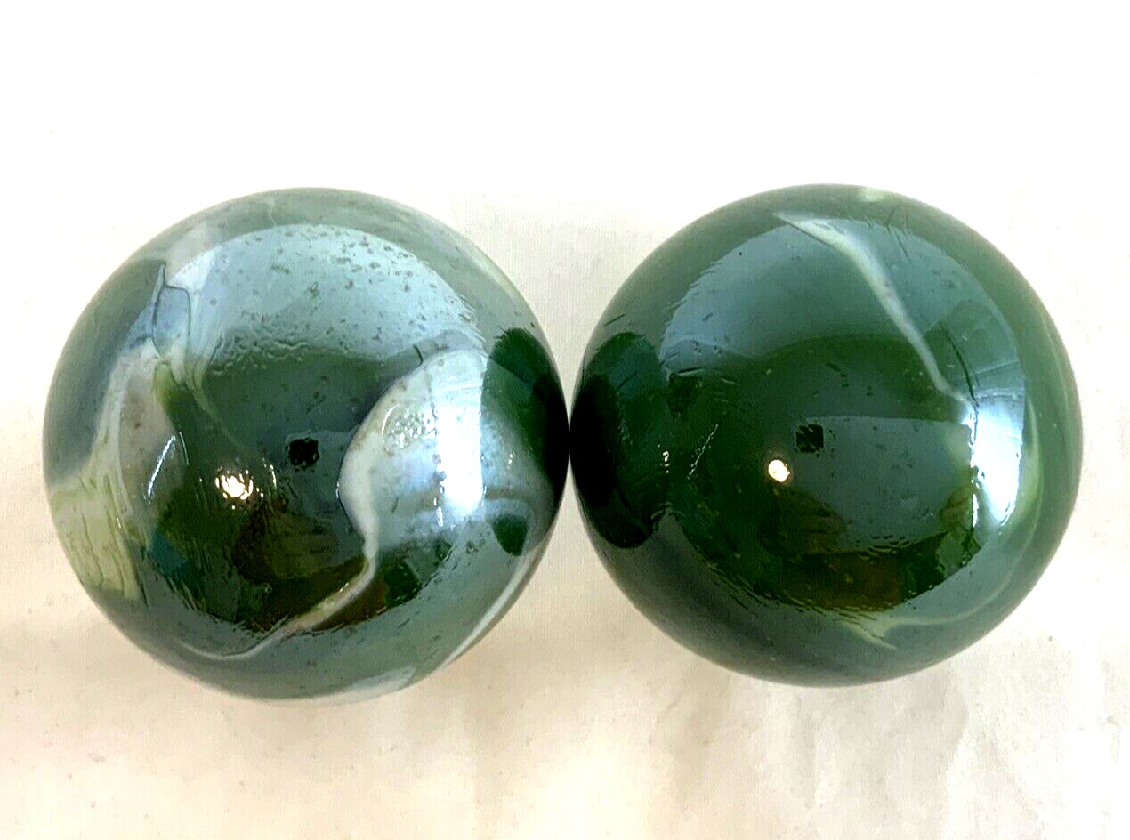 2 Boulders 50mm (1 5/8&#x22;) FUNGUS Marbles glass ball Green White Iridescent large Swirl