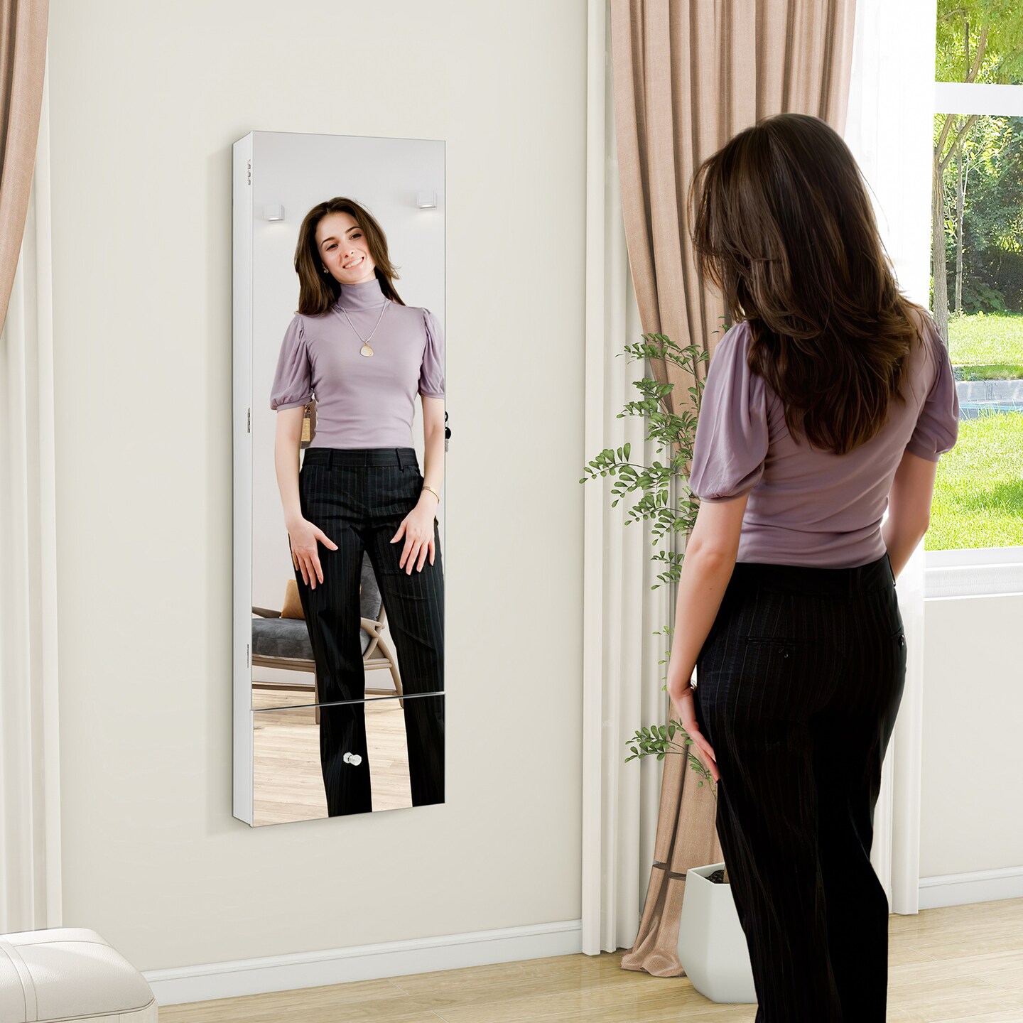 Wall Mounted Jewelry Armoire Organizer With Full-length Frameless Mirror-white