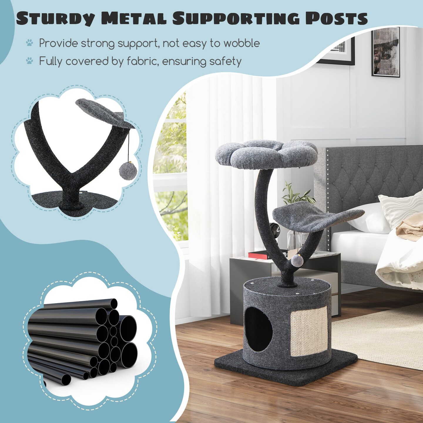 Cat Climbing Tree Stand With Curved Metal Supporting Frame For Large and Small Cats