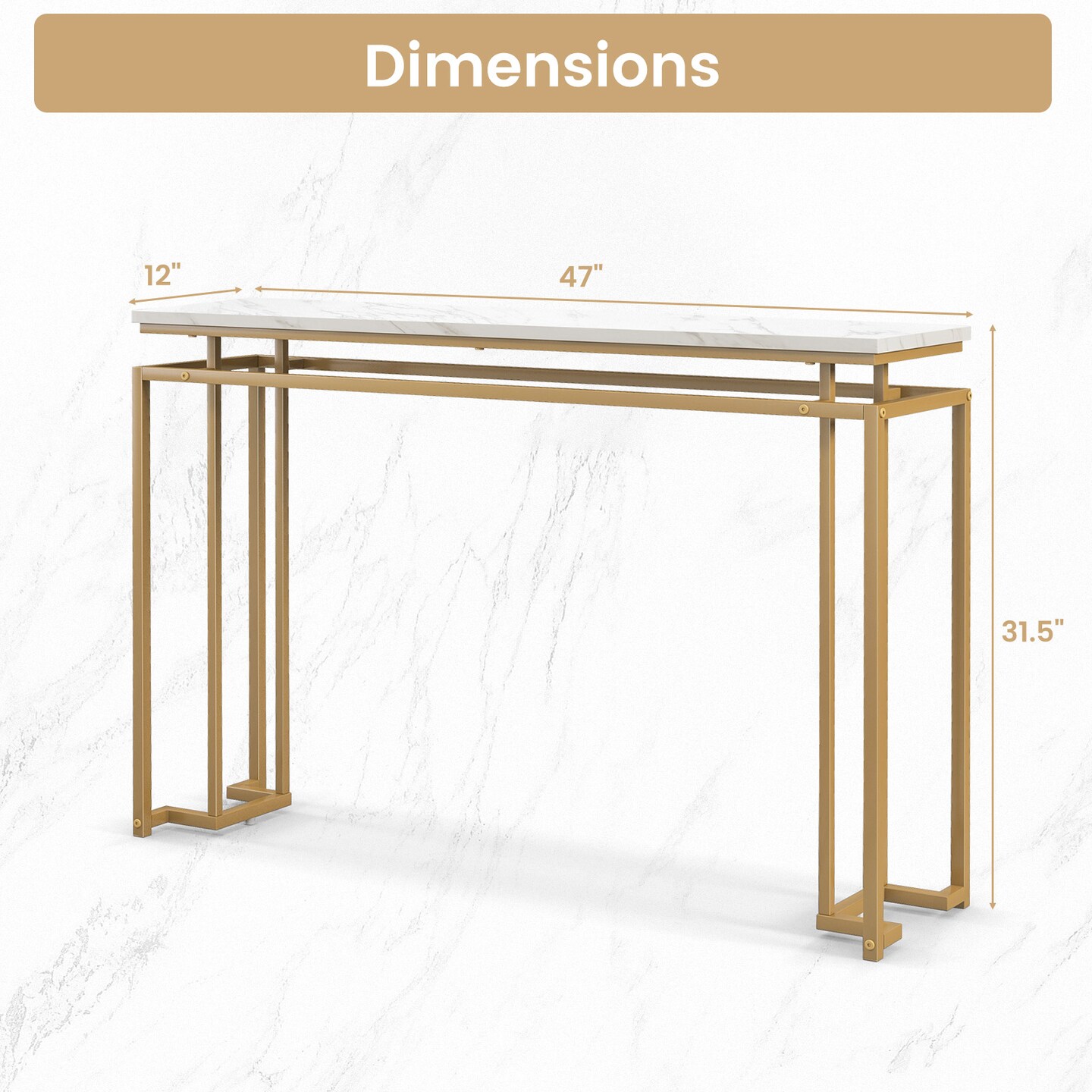 White Gold MDF Metal Marble Console Table 47 Inch with Anti-Tipping Design for Entryway and Living Room