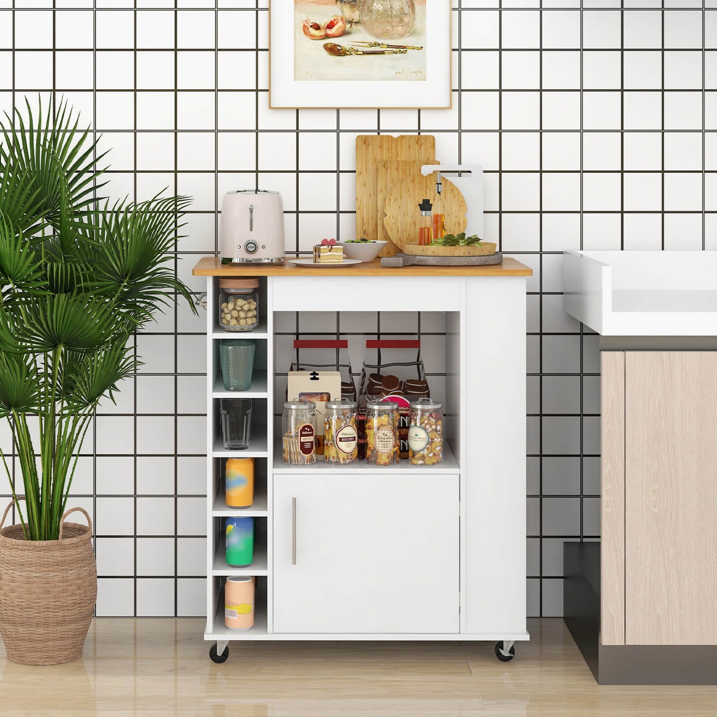 White Kitchen Cart On Wheels With Wicker Top And 6-Bottle Wine Rack Perfect for Home