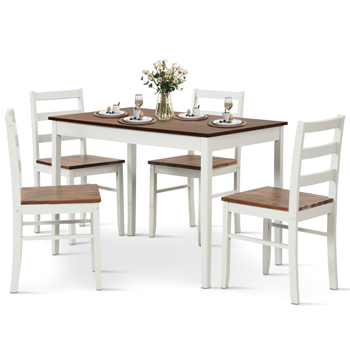 5-piece Wooden Dining Set With Rectangular Table And 4 Chairs-coffee And White