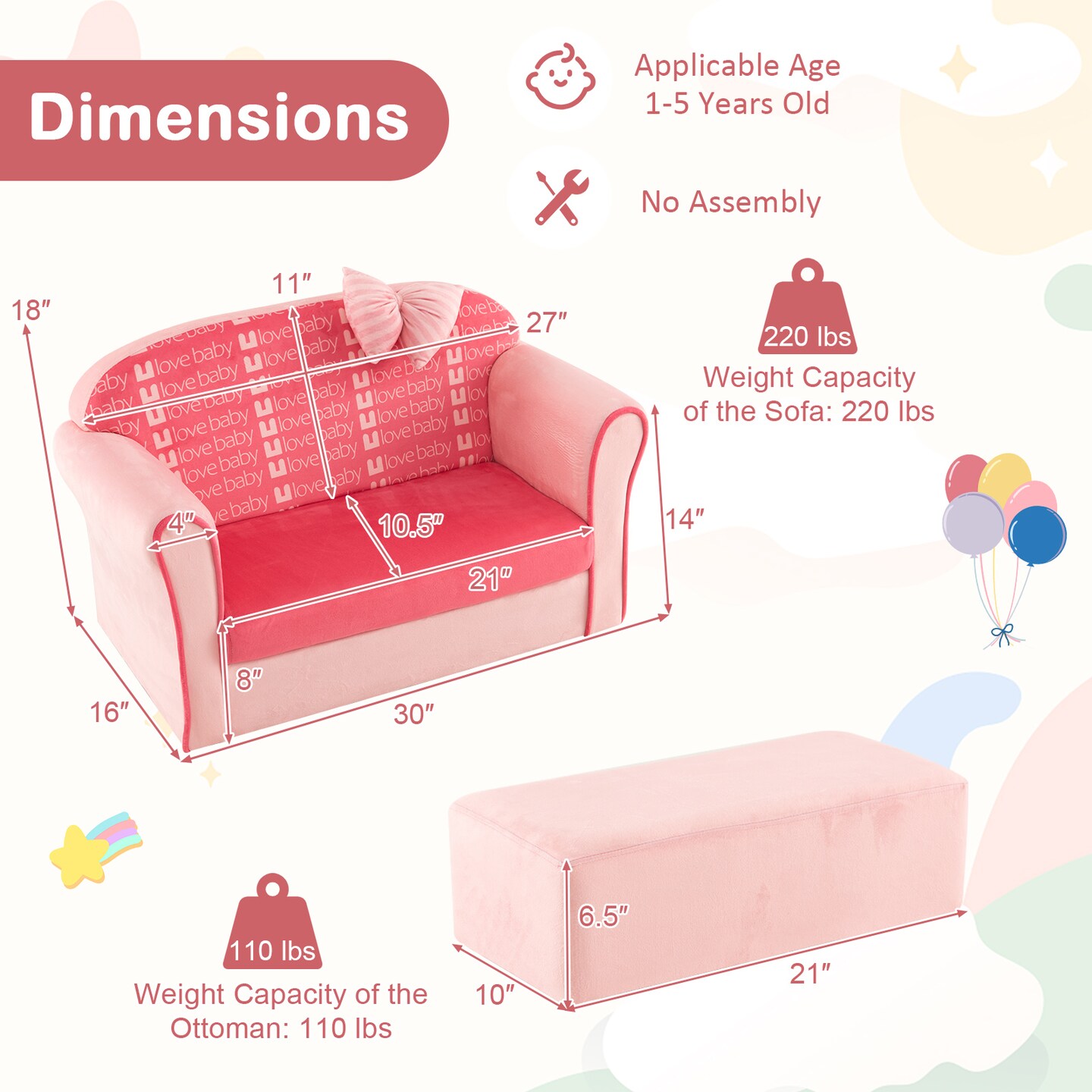 Ultra Soft Velvet Kids Sofa Chair Toddler Couch With Ottoman-Pink