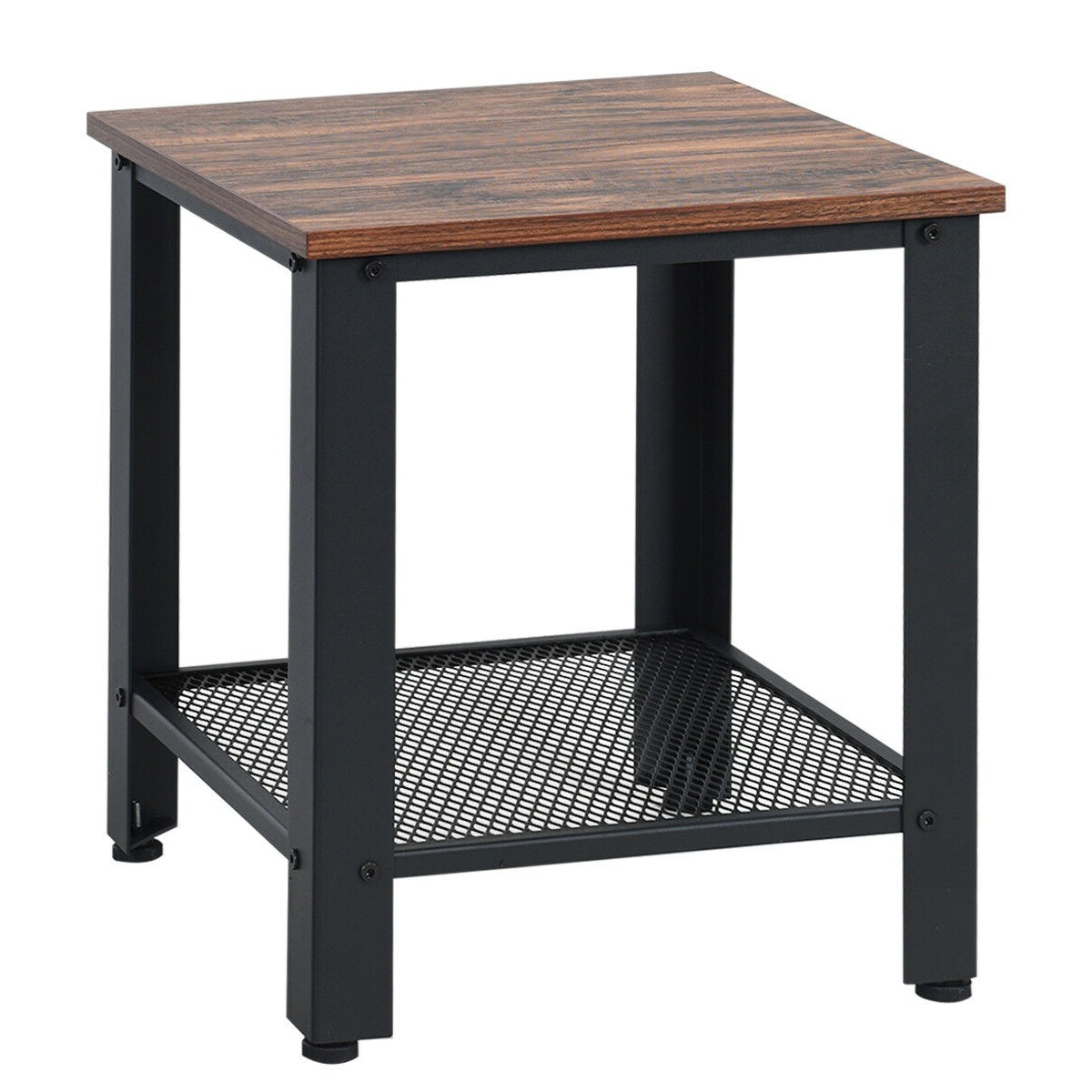 Industrial Side Table Wood and Iron End Table with Mesh Shelf Bedside Table Black