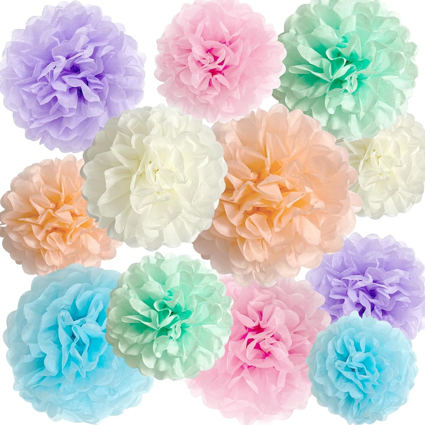Pastel Tissue Paper Pom Poms Party Decorations Rainbow Ice Cream Easter Macaron Flowers Wall Hanging D&#xE9;cor Supplies Birthday Bridal Baby Shower Colorful Pink Purple Peach Mint Green Blue Ivory