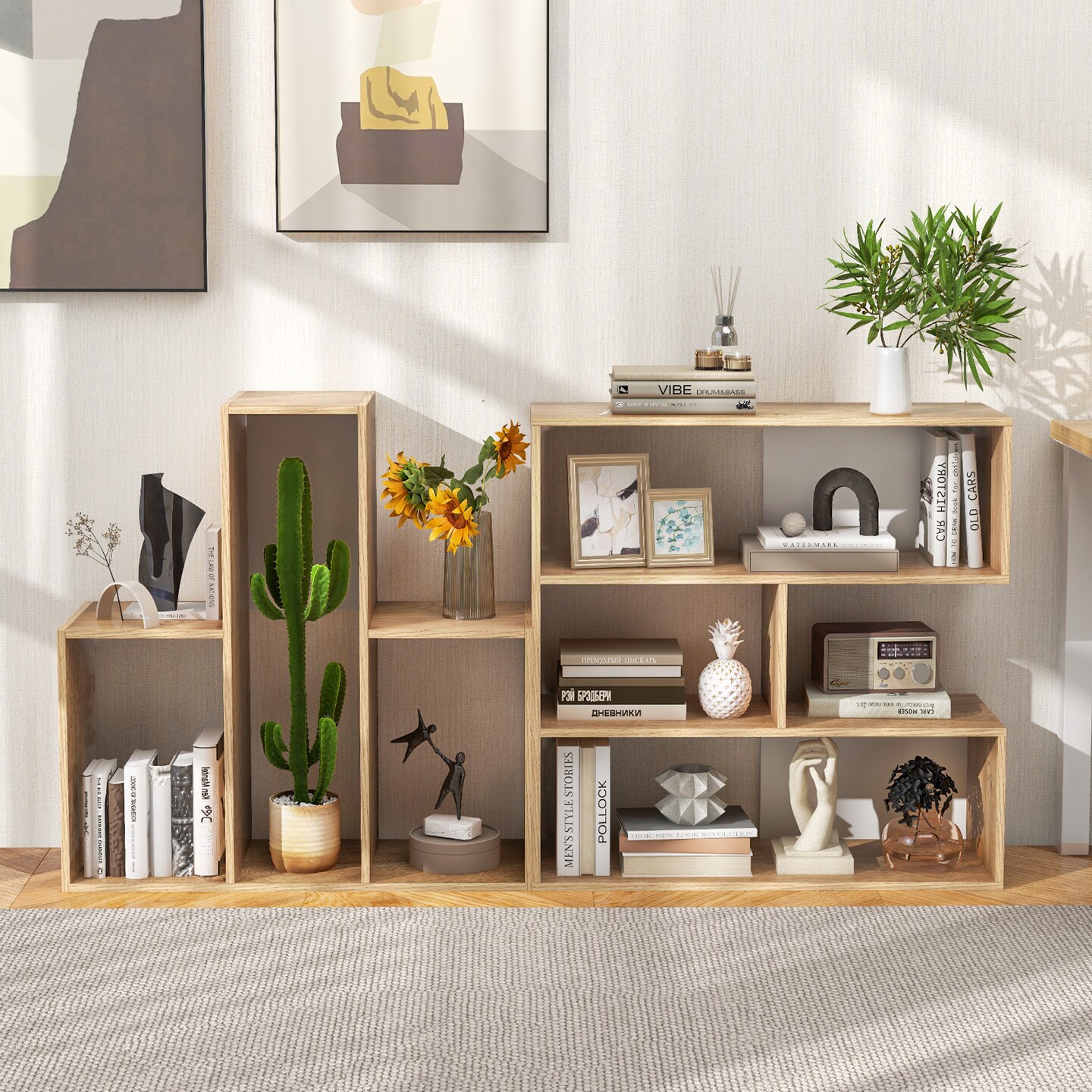3 Cube Open Shelf Natural Engineered Wood Geometric Design Stable Storage Unit
