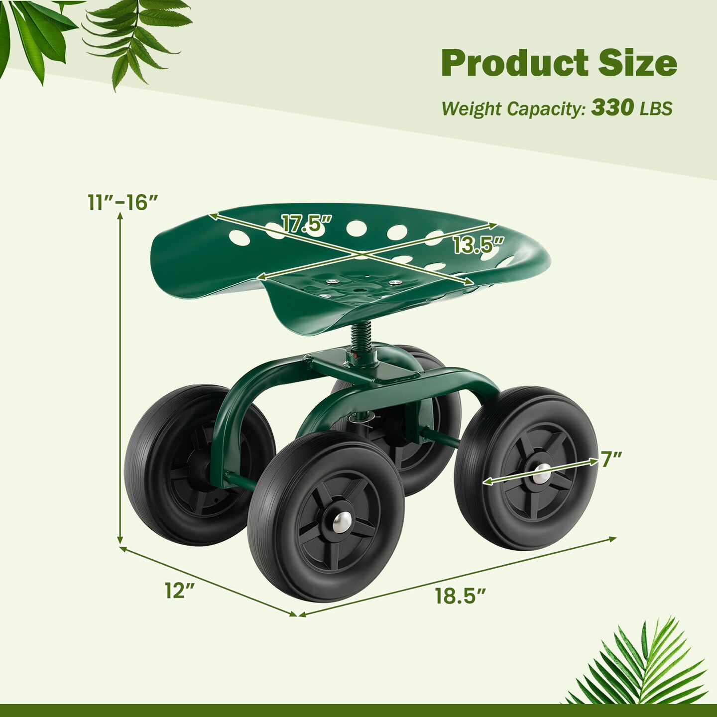 Garden Rolling Workseat with 360&#xB0;Swivel Seat and Adjustable Height-Green