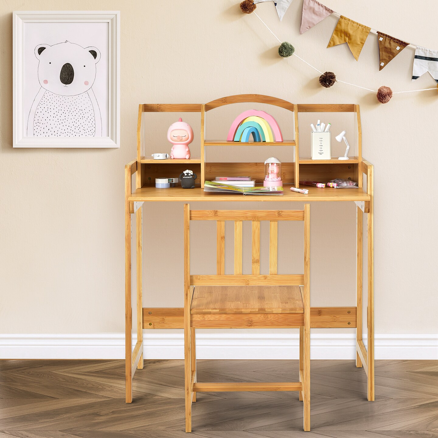 Wicker Kids Study Desk and Chair Set with Bookshelf