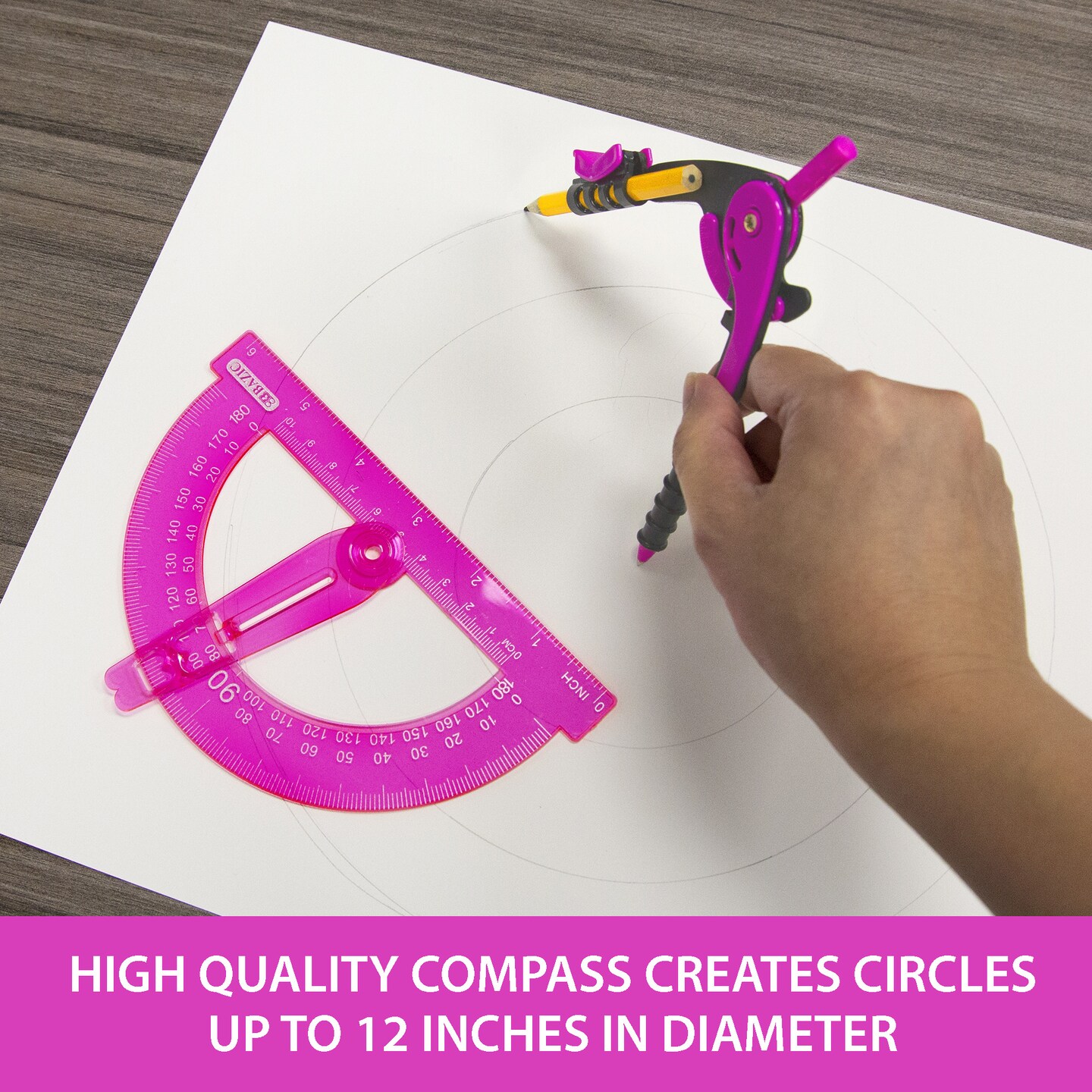 BAZIC Scale-Arm Compass w/ #2 Wood Pencil & 6" Protractor Set