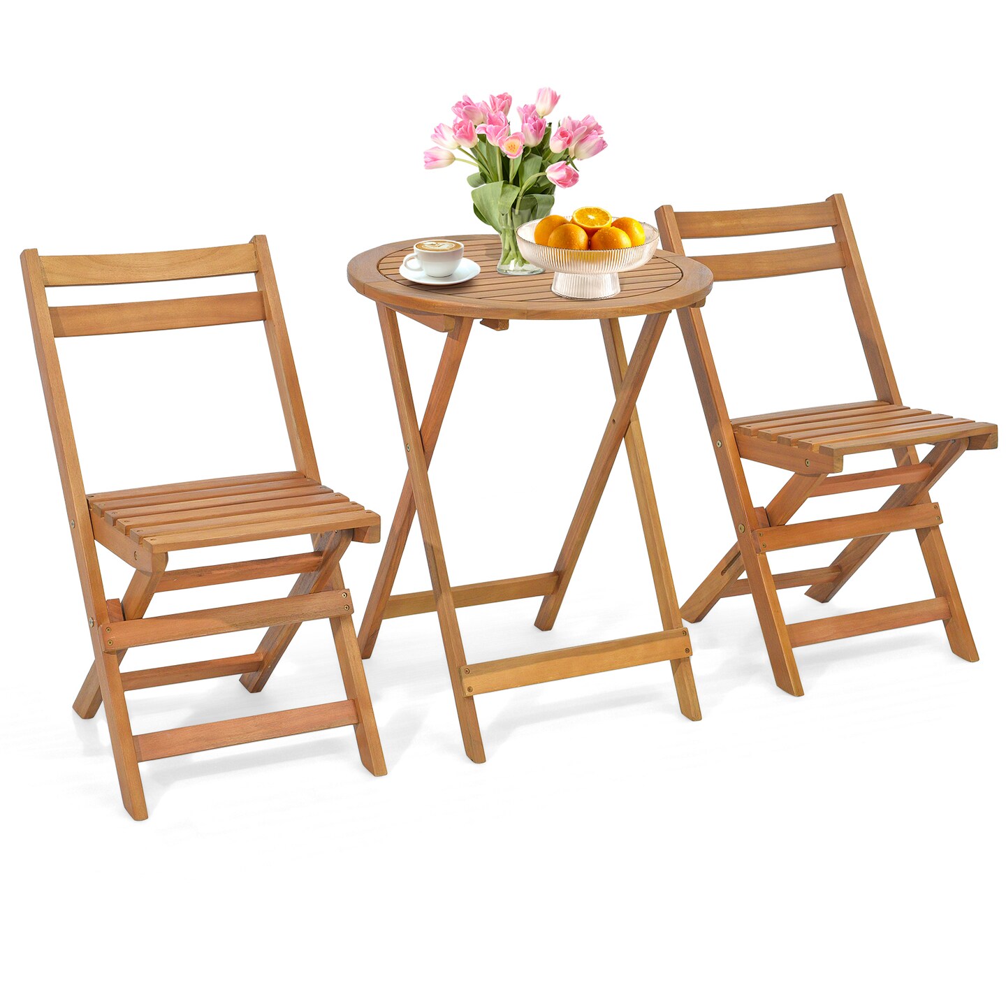 3 Pieces Folding Patio Bistro Set With Slatted Tabletop