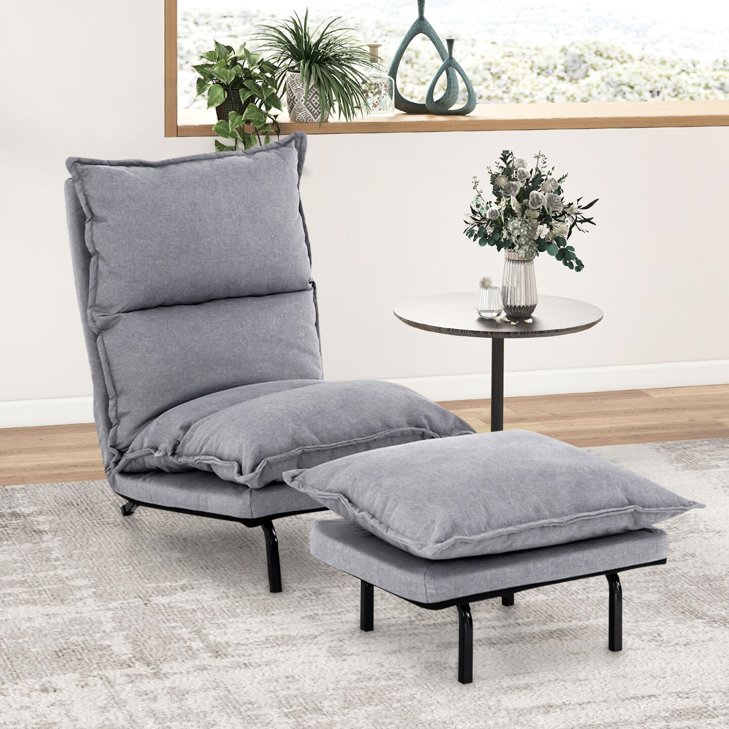 Modern Armless Accent Chair With Ottoman For Living Room-Grey