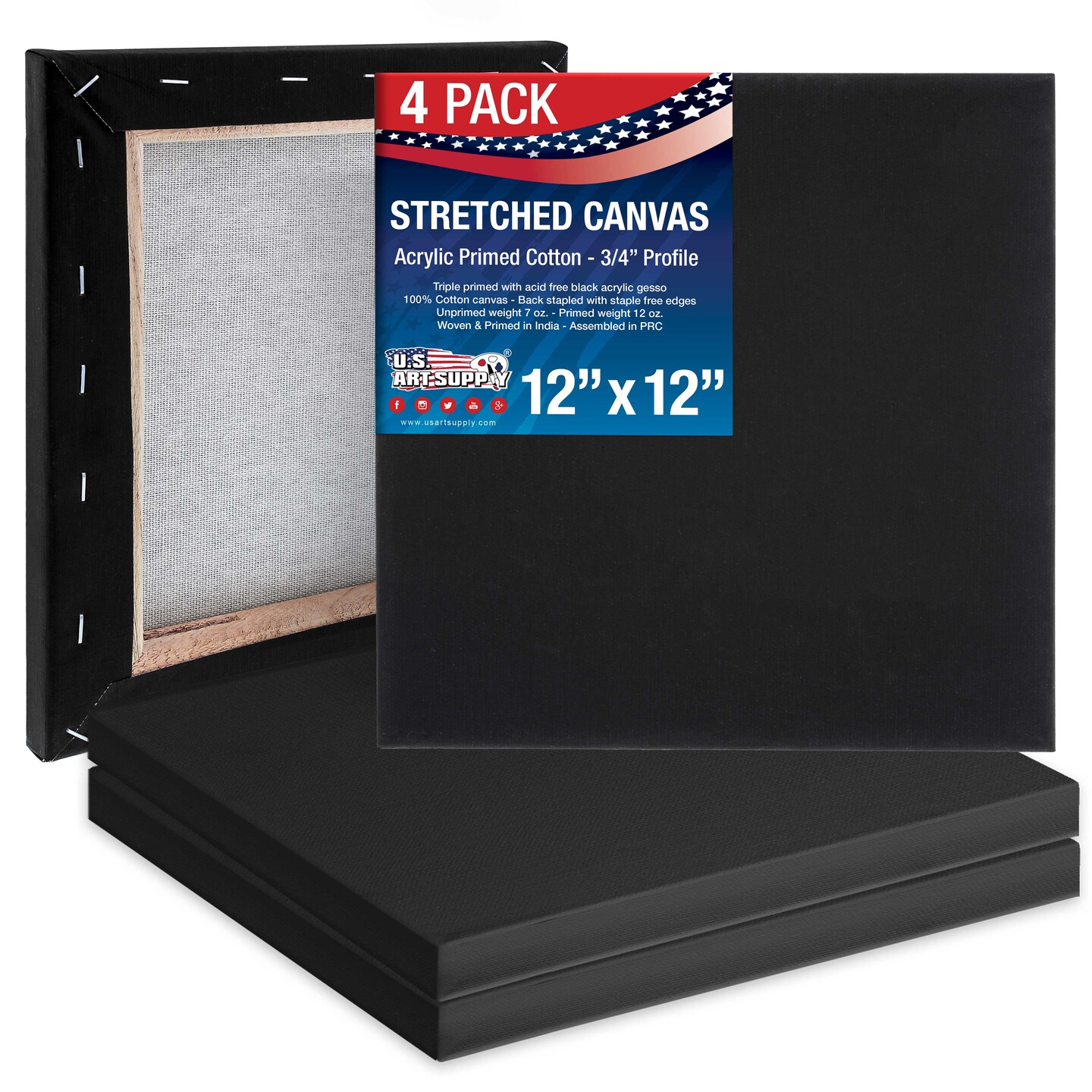 12 x 12 inch Black Stretched Canvas 12-Ounce Primed, 4-Pack - Professional Artist Quality 3/4&#x22; Profile, 100% Cotton, Heavy-Weight, Gesso