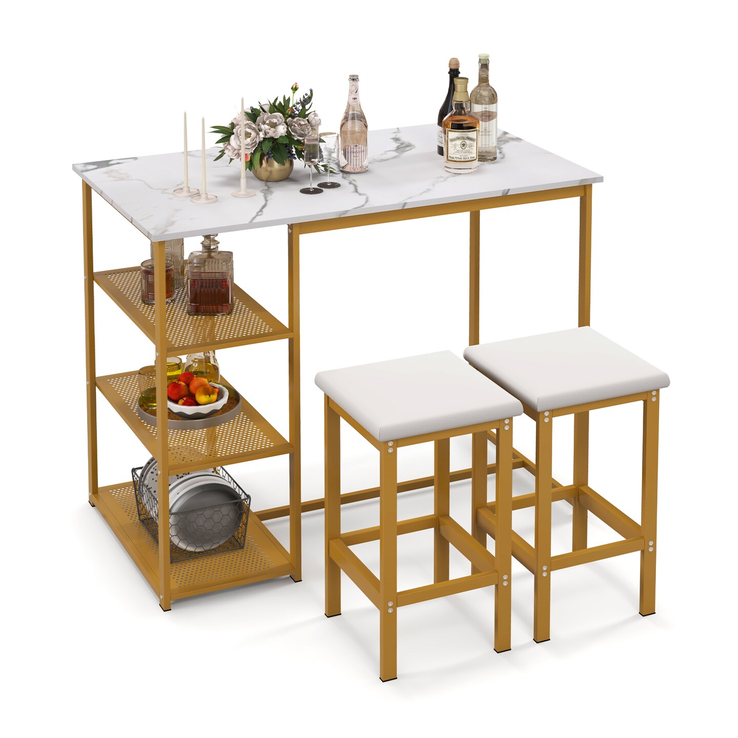 3 Pieces Gold Bar Table Set For 2 With 3-tier Storage Shelves-golden