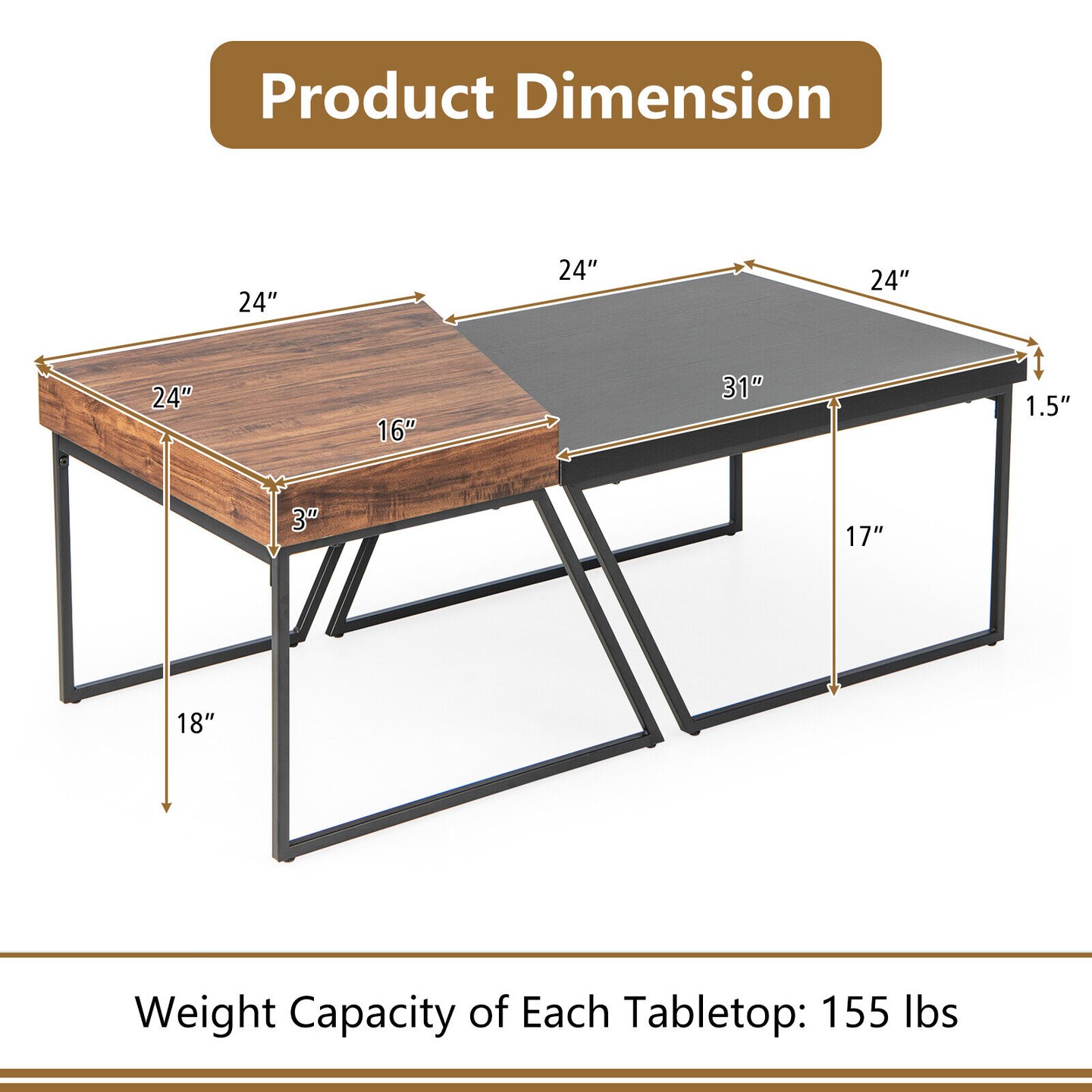 Set of 2 Geometric Shape Coffee Table with Powder Coated Metal Legs