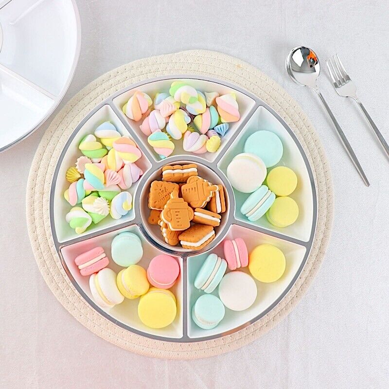 4 White Silver Trim 12&#x22; Round SERVING TRAYS Food Compartments