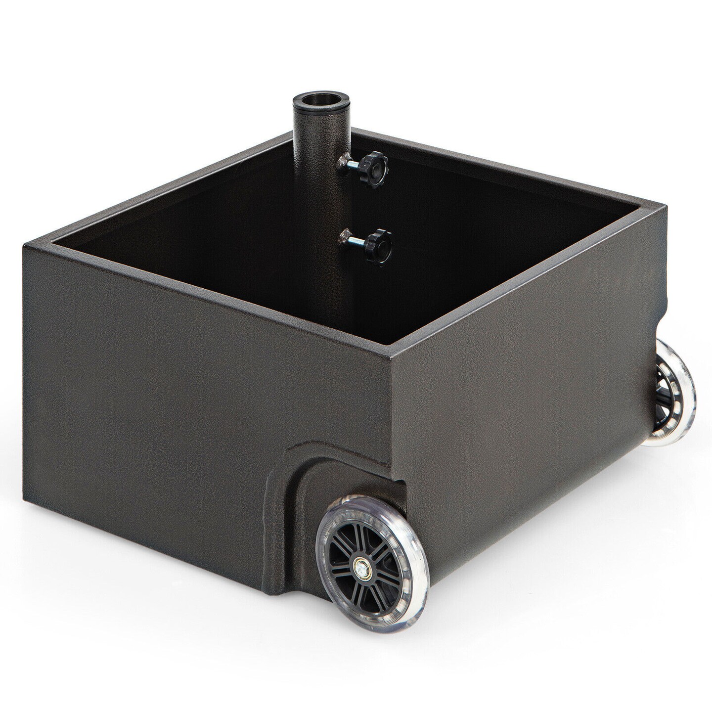 Black Patio Umbrella Base Stand with Wheels Planter Fill able Design