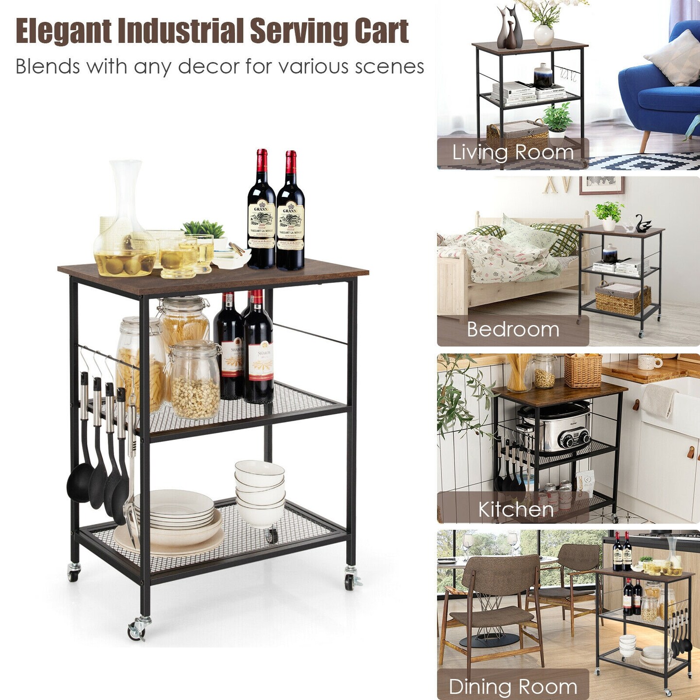 3-Tier Kitchen Serving Cart Utility Standing Microwave Rack with Hooks Brown