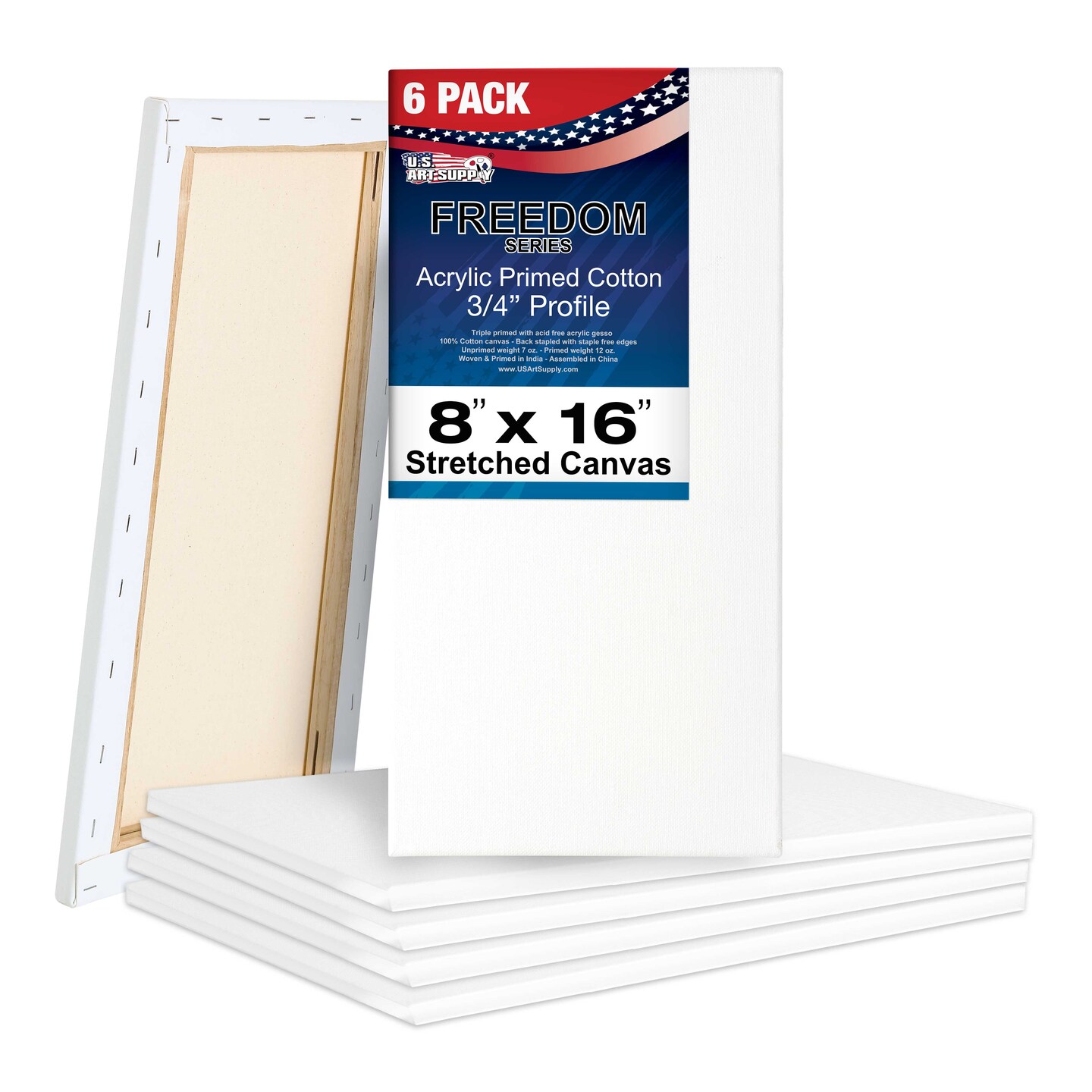 8 x 16 inch Stretched Canvas 12-Ounce Triple Primed, 6-Pack - Professional Artist Quality White Blank 3/4&#x22; Profile, 100% Cotton, Heavy-Weight Gesso